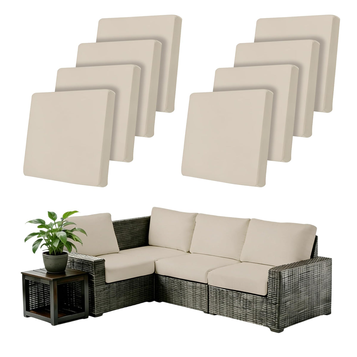 IntoBox front view of 8-piece cushion cover pack showing coverage and neat packaging