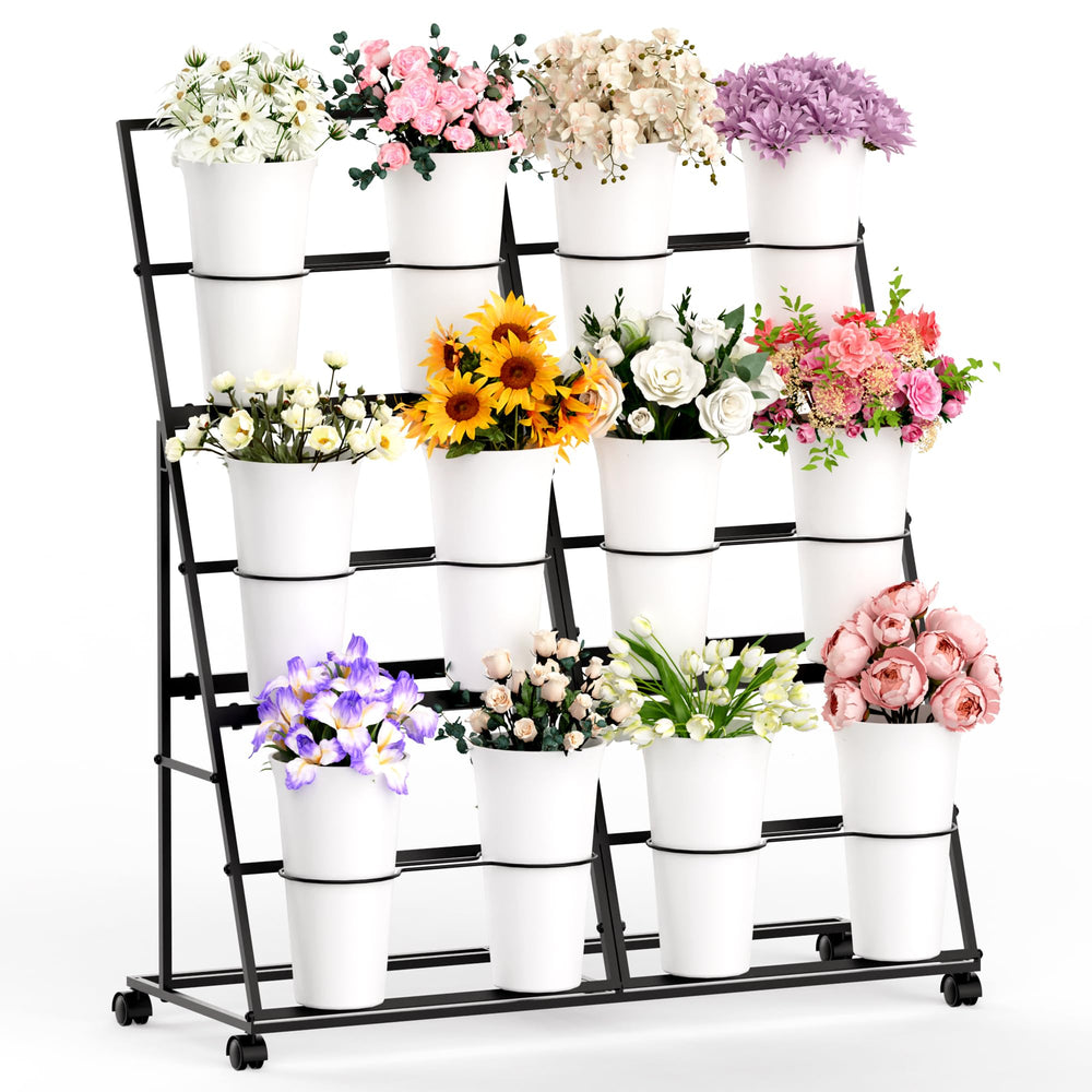 Invech front view of 3-tier stand showing 12 buckets and compact display benefit