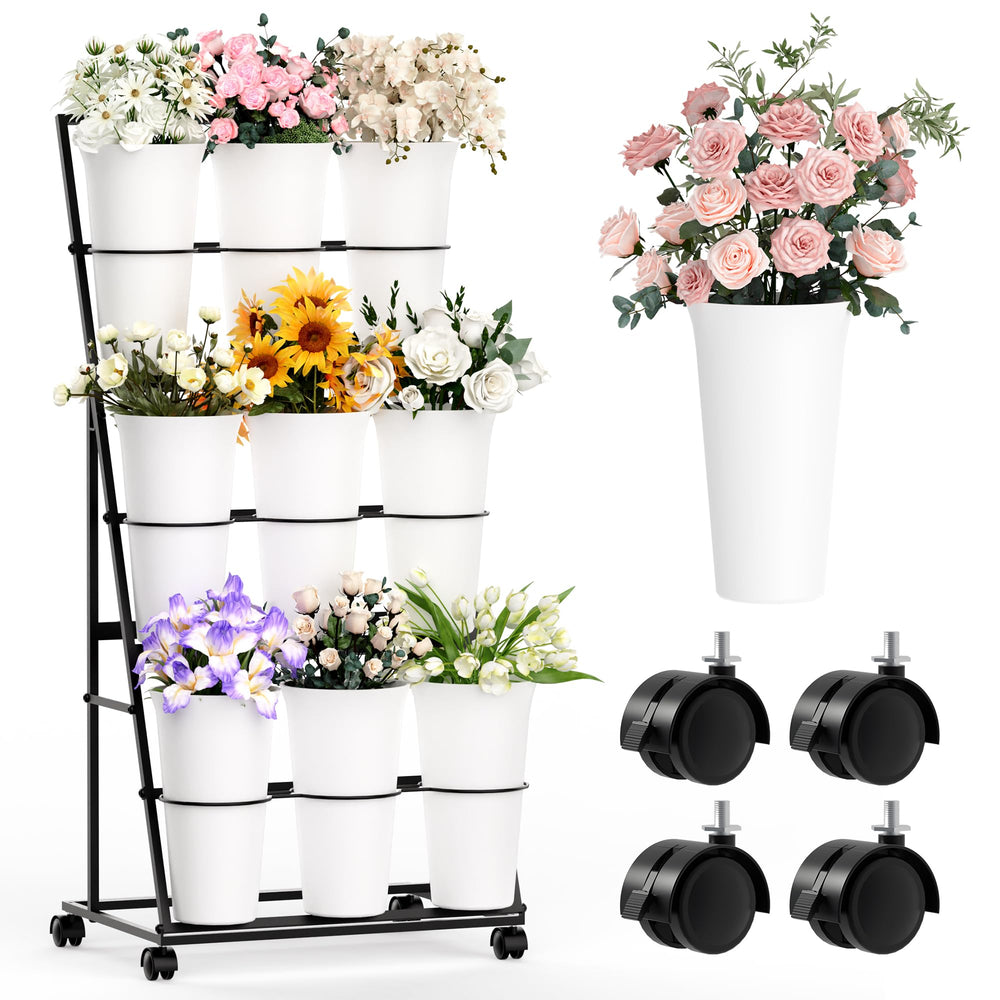 Invech front view of 3-tier stand showing nine buckets and tidy display benefit