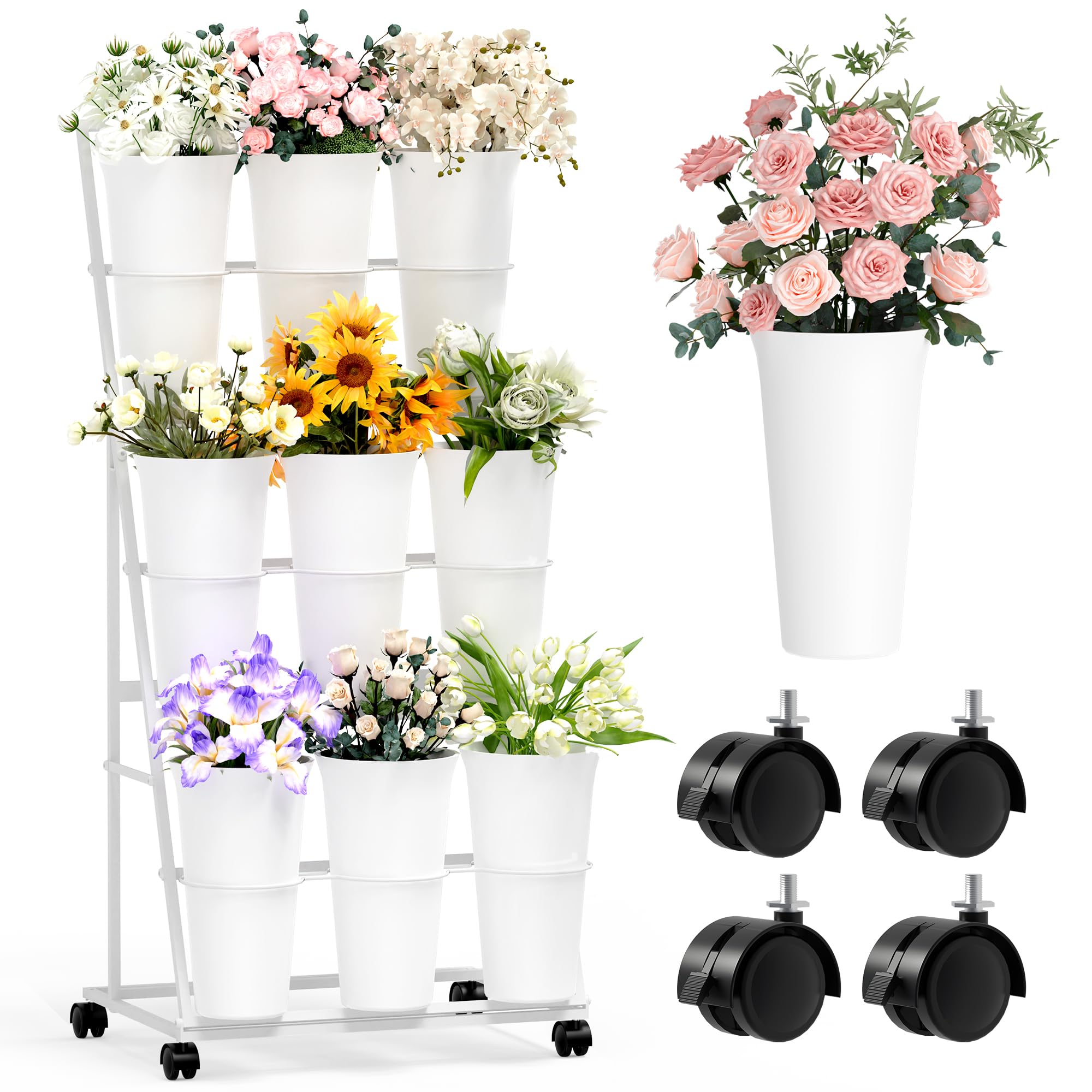 Invech front view of white three-tier stand showing neat display benefit