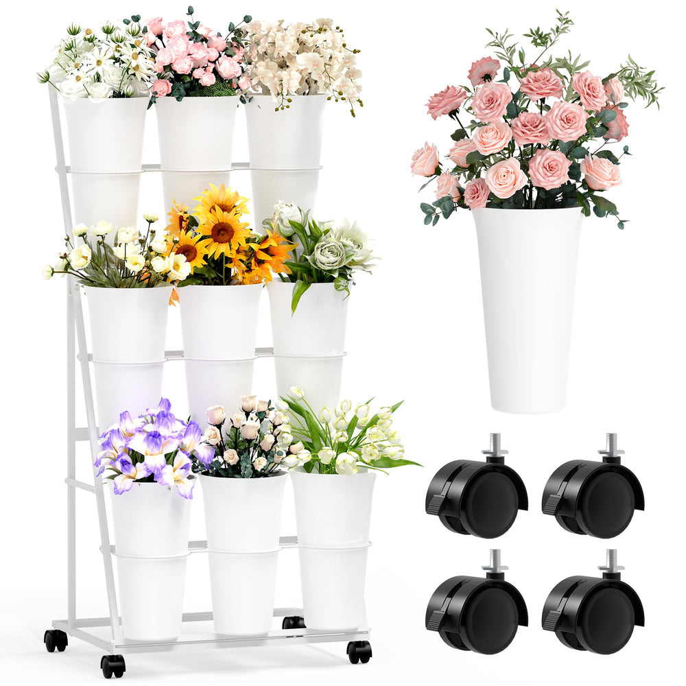 Invech front view of white three-tier stand showing neat display benefit