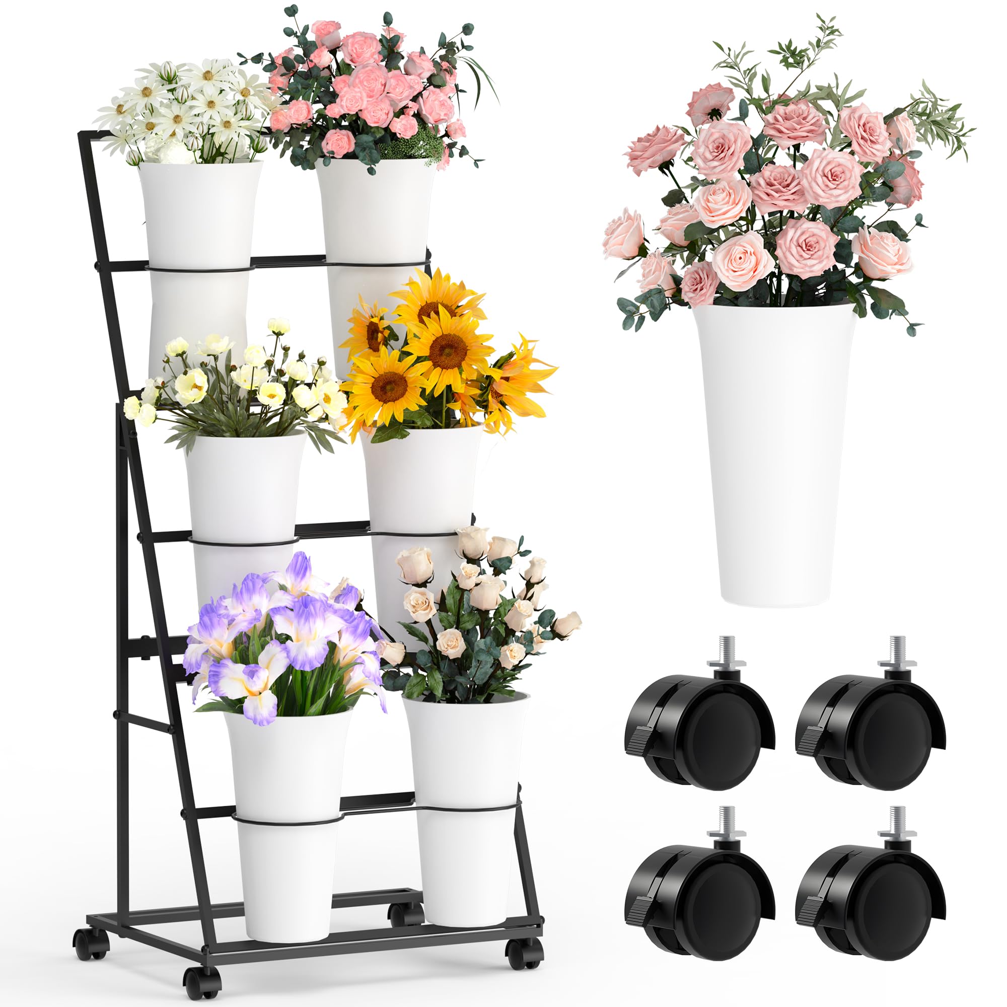 Invech front view showing three-tier stand and six buckets for neat vertical displays
