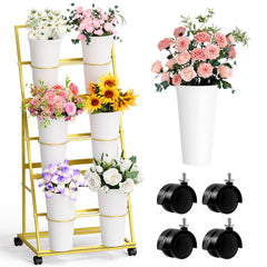 Invech front view of gold 3-tier stand showing neat plant arrangement and space-saving benefit