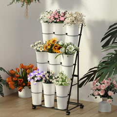 Invech view of wheels and brake mechanism for stable, mobile flower display benefit