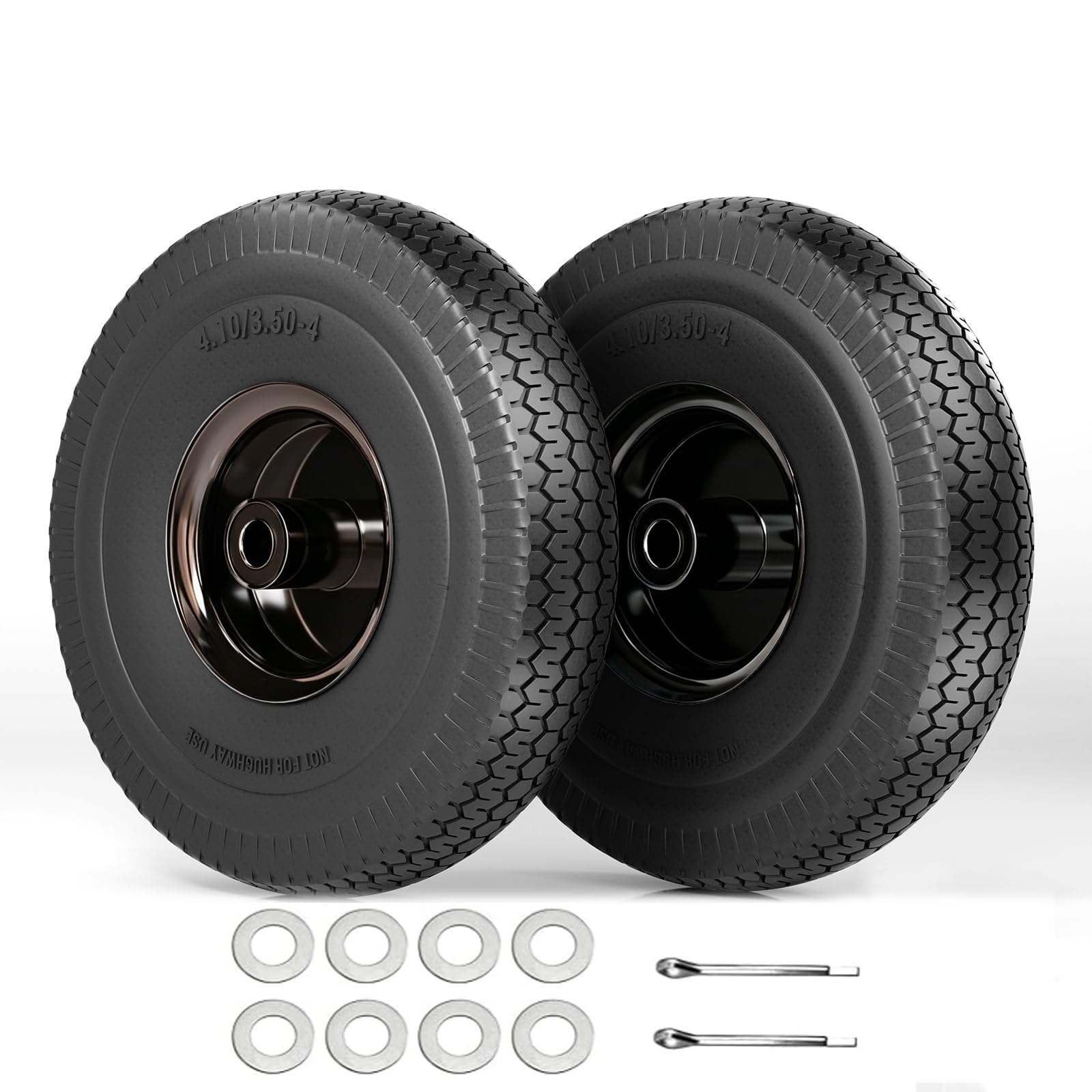 Iococee front view of 10-inch solid tire showing full rim and benefit of flat-free reliability