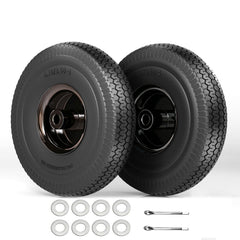Iococee front view of 10-inch solid tire showing full rim and benefit of flat-free reliability