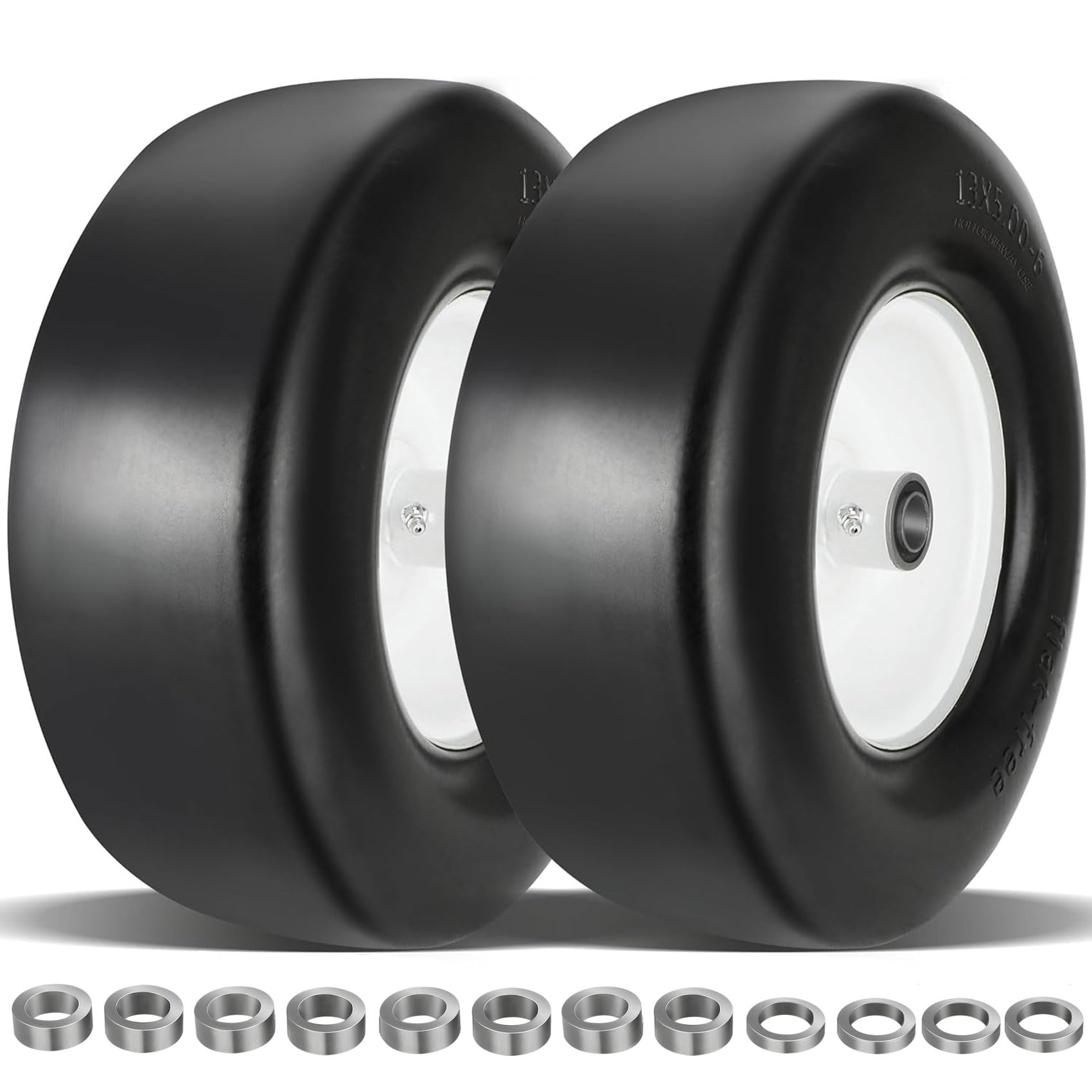 Iococee front view of 13x5.00-6 wheel assembly showing robust rim and tire for durability