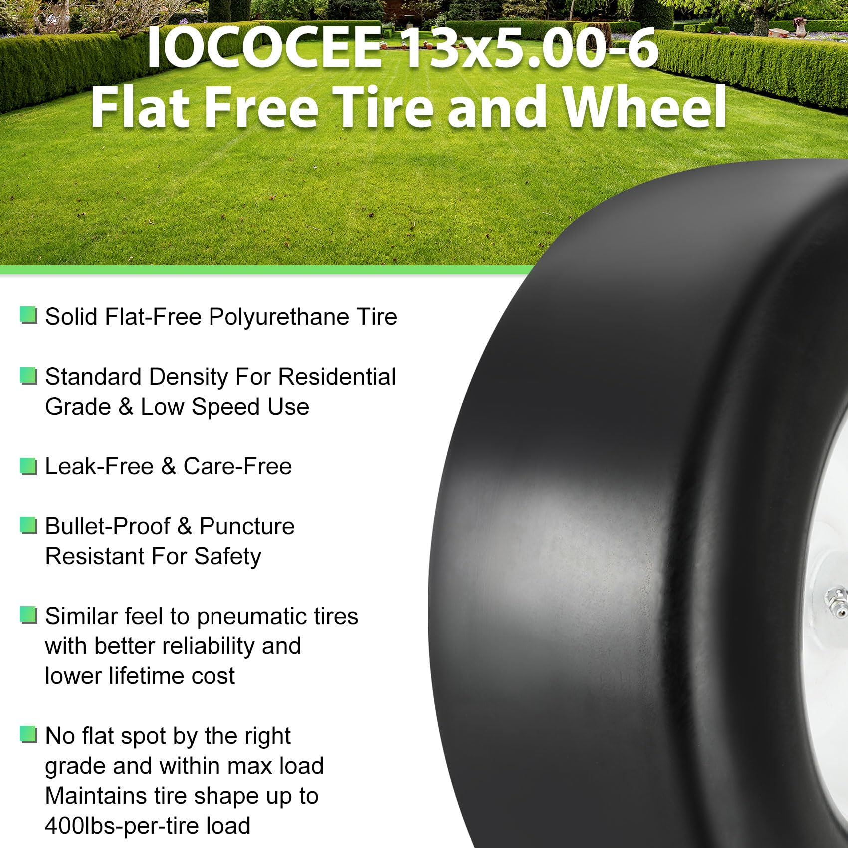 Iococee side profile showing tire dimensions and smooth tread to protect turf