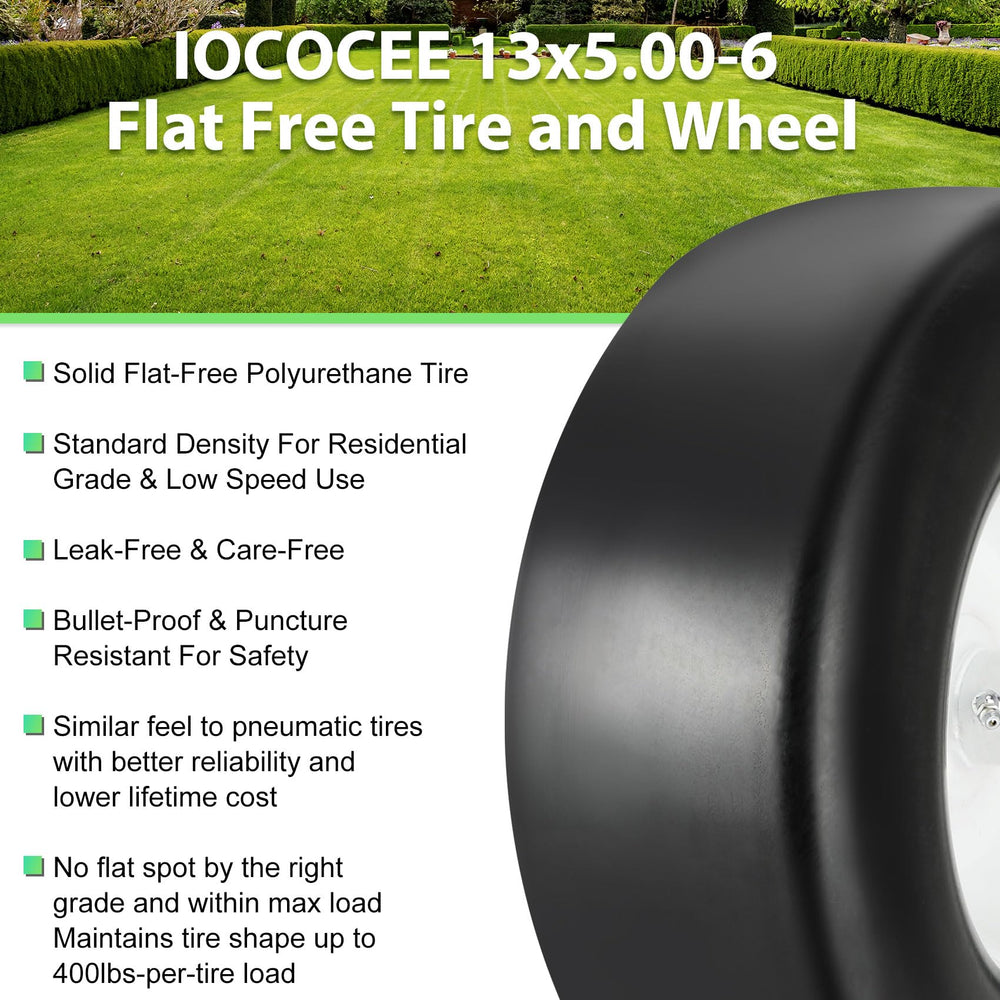 Iococee side profile showing tire dimensions and smooth tread to protect turf