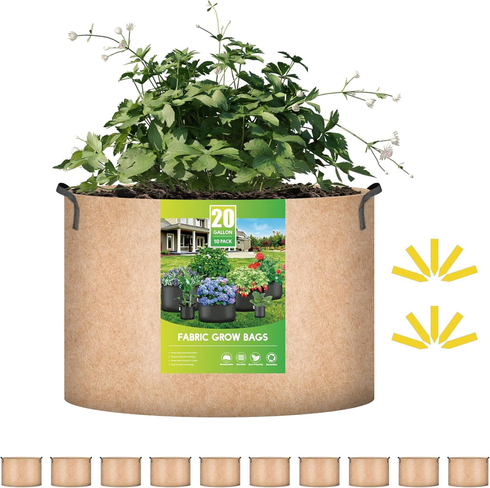 iPower 20-gallon grow bag pack front view showing tan fabric and size benefits