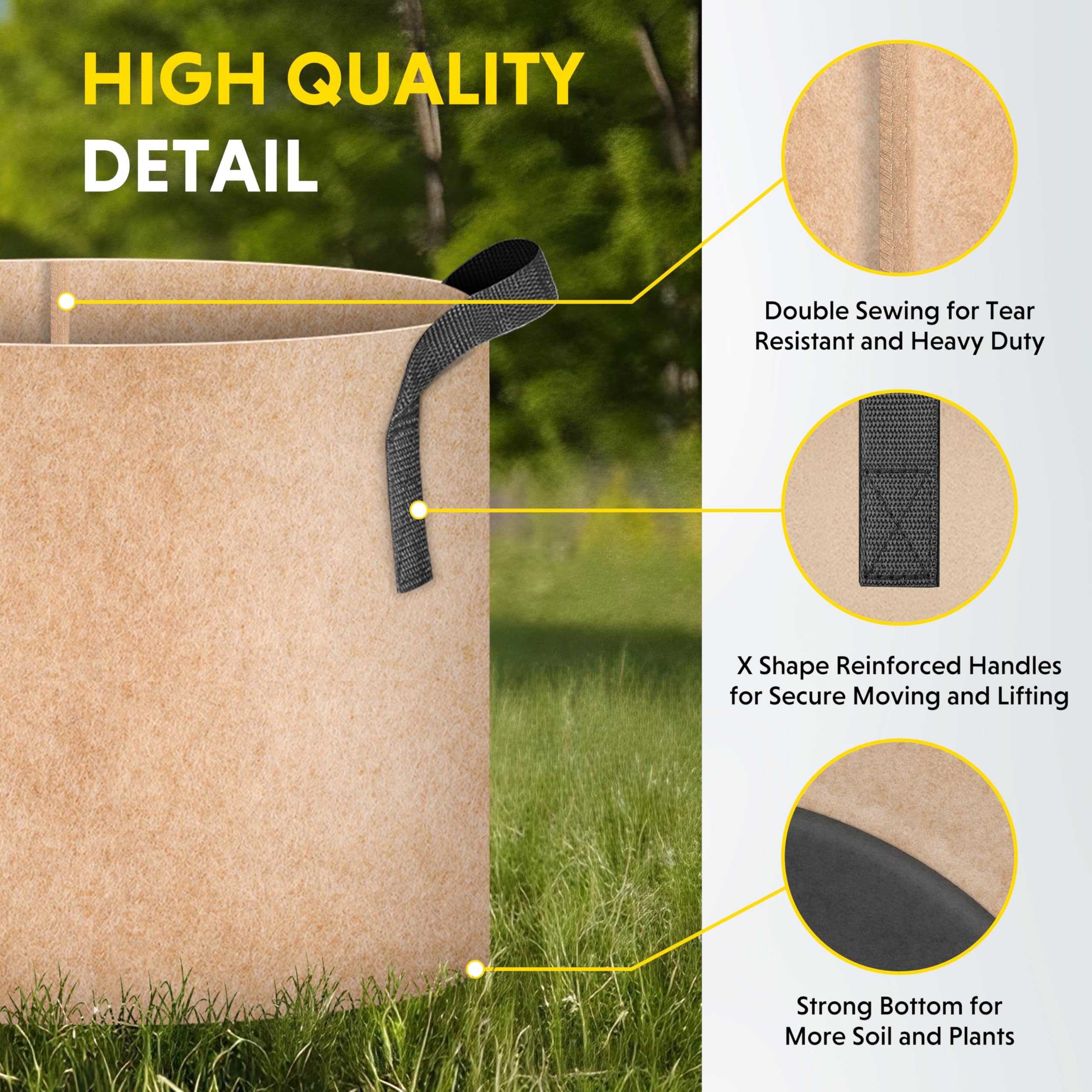 iPower grow bag filled with soil and plant demonstrating drainage and growth