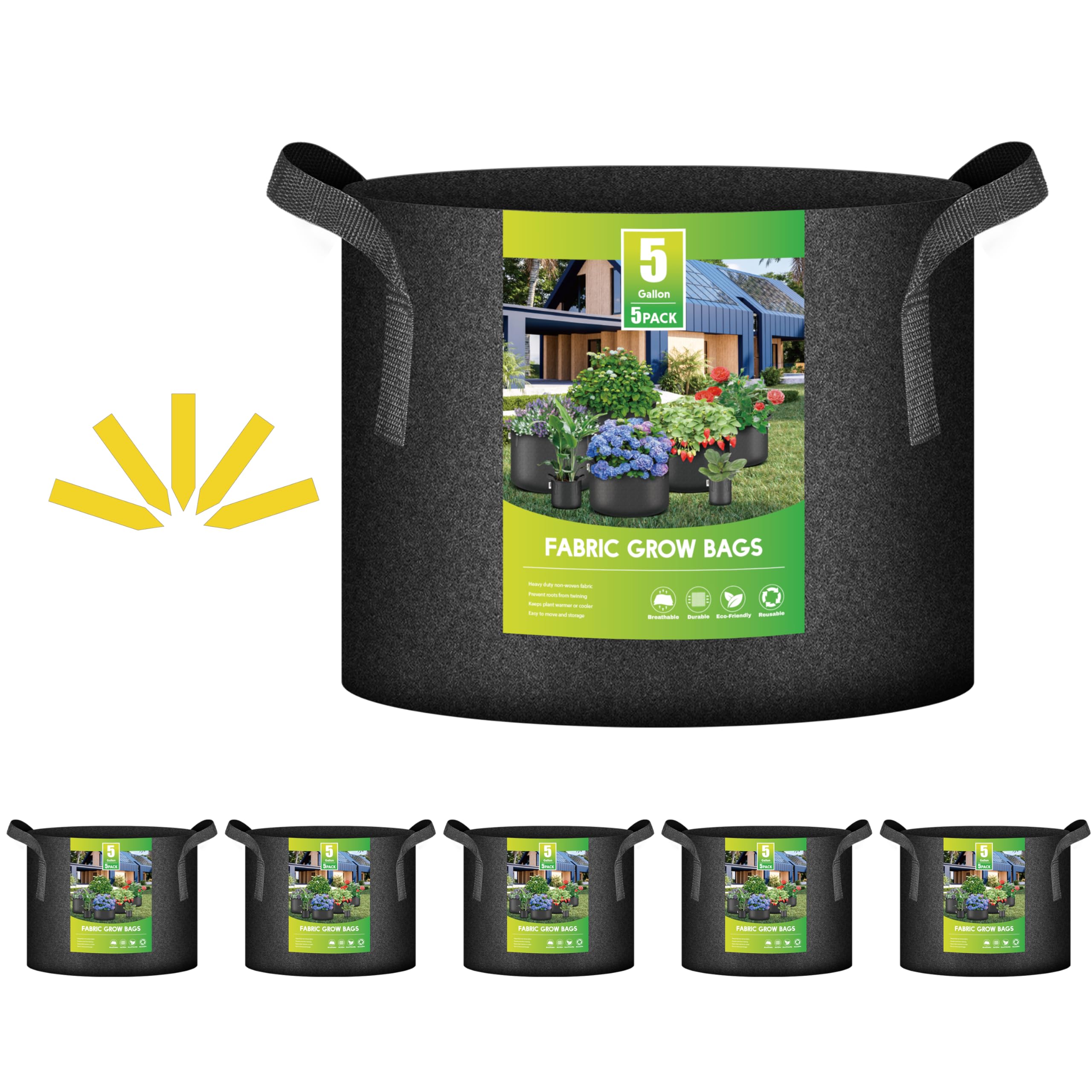 iPower front view of five 5-gallon grow bags showing compact storage and durability