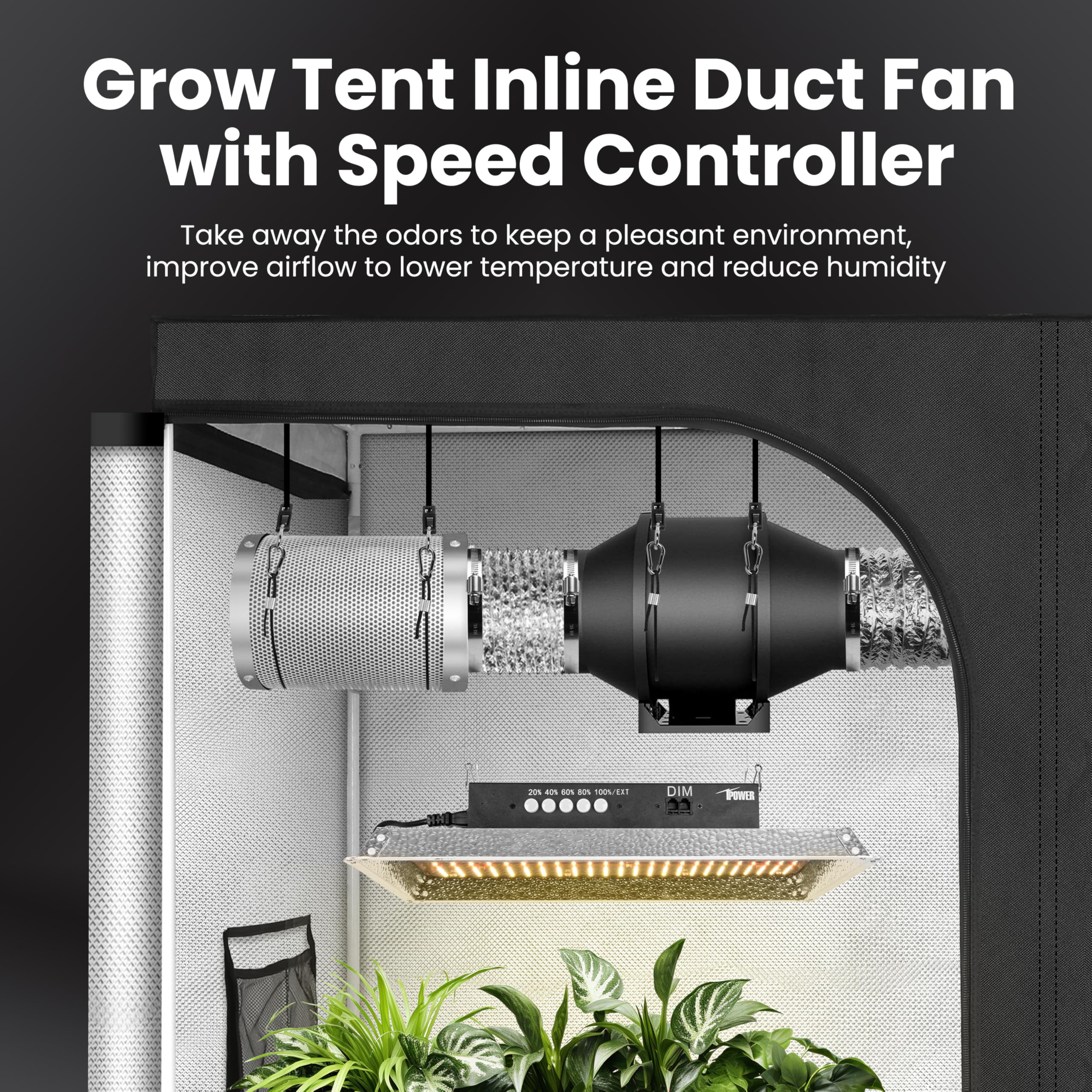 iPower inline fan close-up highlighting quiet motor and durable casing benefit