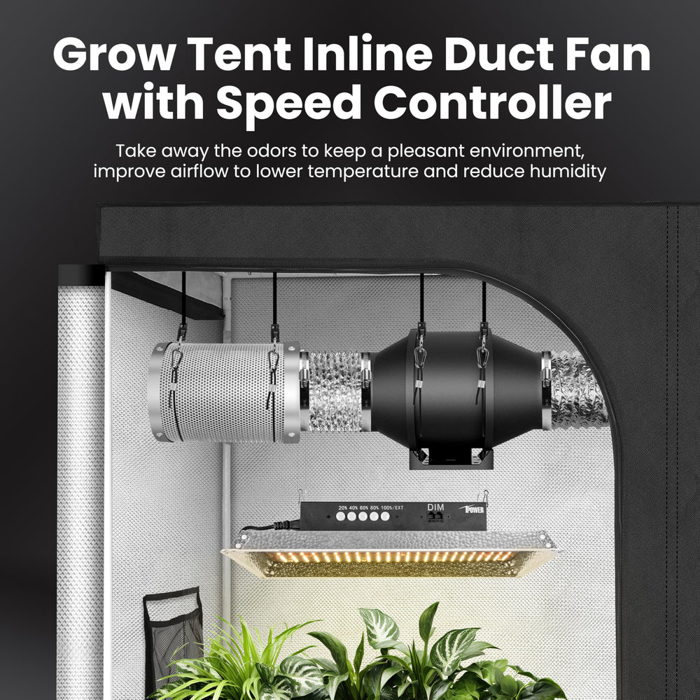iPower inline fan close-up highlighting quiet motor and durable casing benefit