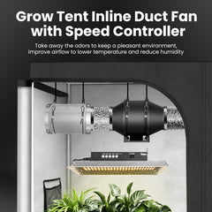iPower inline fan close-up highlighting quiet motor and durable casing benefit
