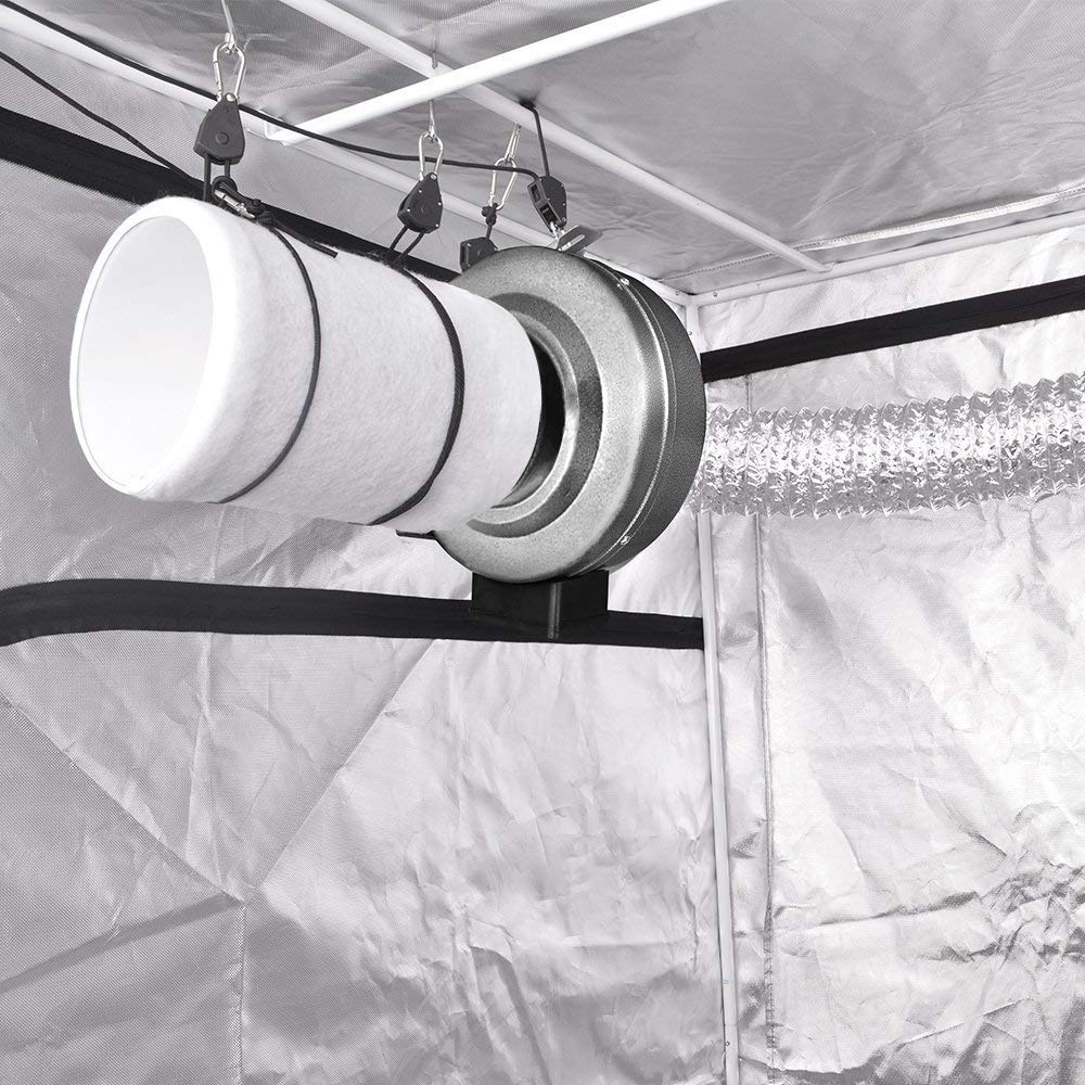 iPower pre-filter and included clamps displayed protecting the carbon filter efficiently