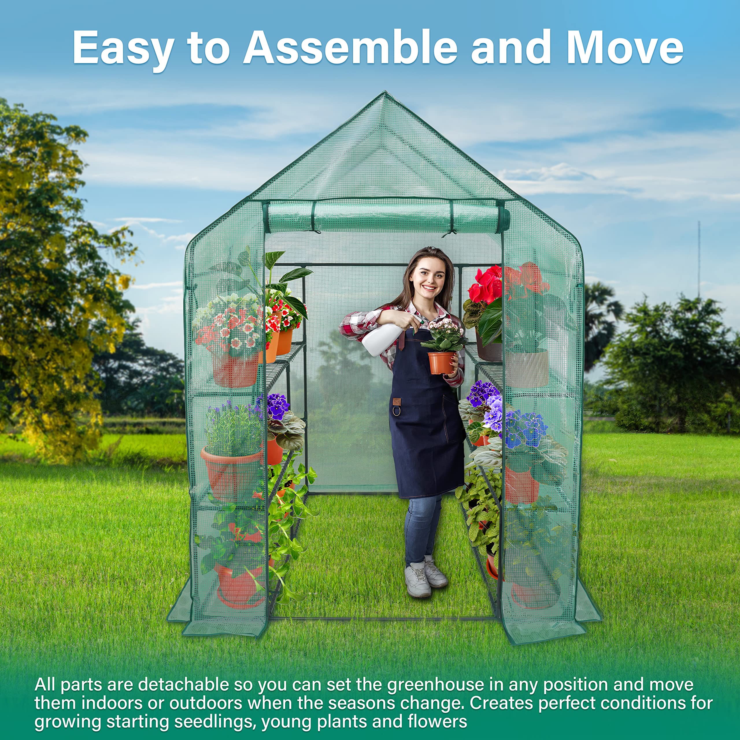 iPower greenhouse beside person showing scale and portability benefit