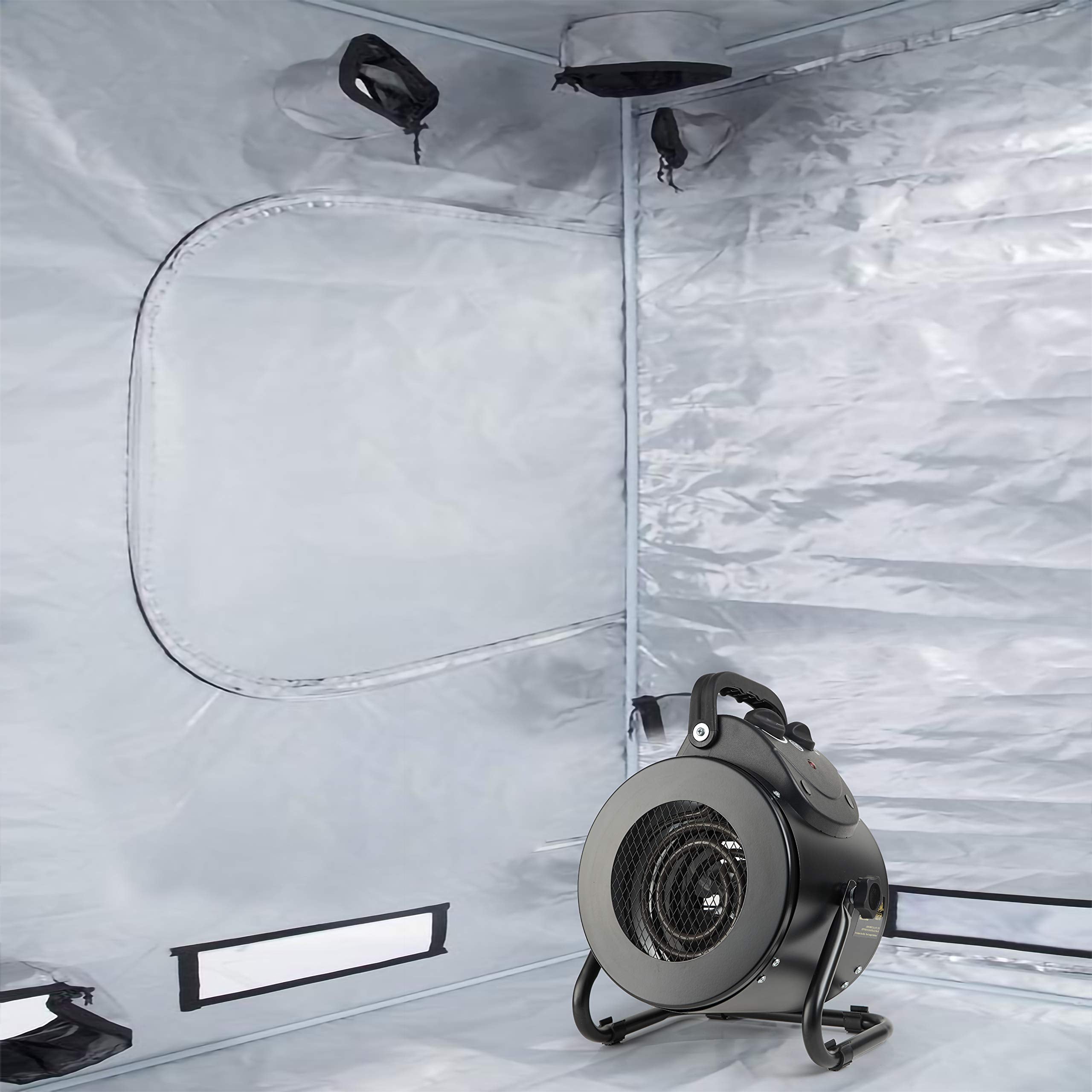 iPower heater next to a ruler showing compact scale and built-in handle portability