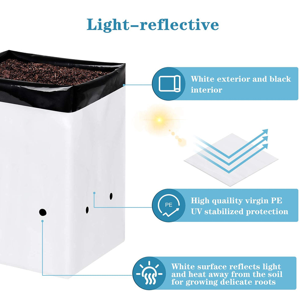 iPower square grow bags arranged on a bench maximizing space efficiency benefit