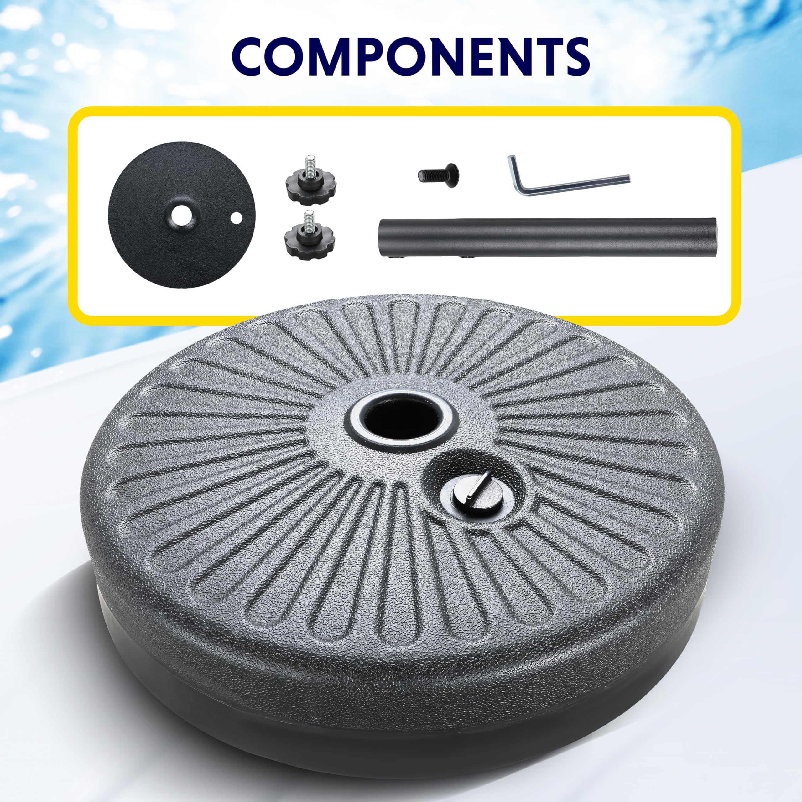 iPower umbrella base close-up of HDPE texture and steel tube for long-lasting durability