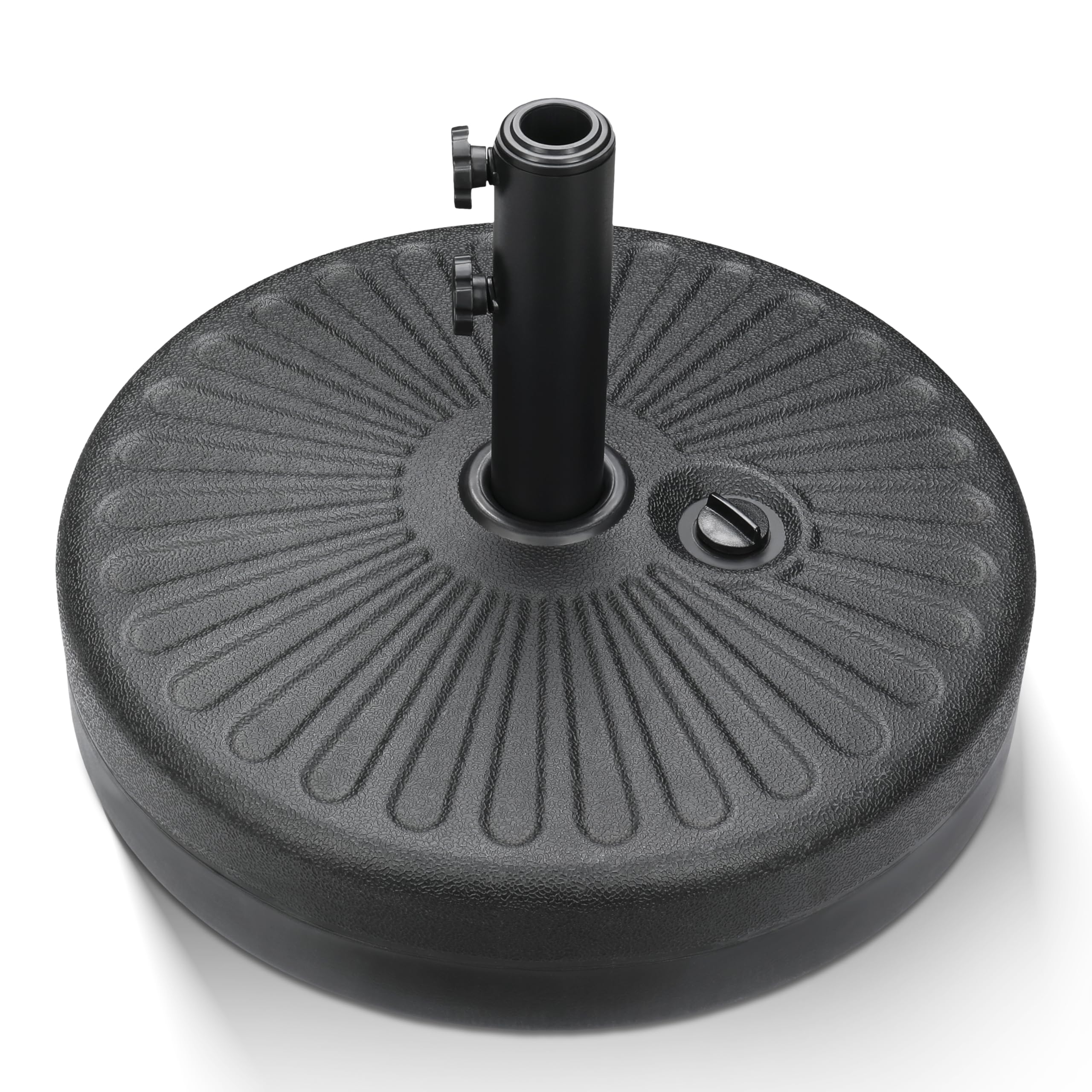iPower umbrella base front view showing black fillable shell and knobs for stable shade