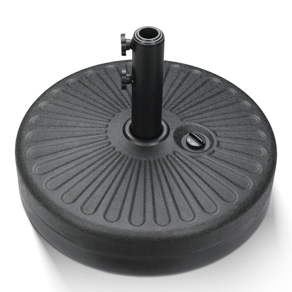 iPower umbrella base front view showing black fillable shell and knobs for stable shade