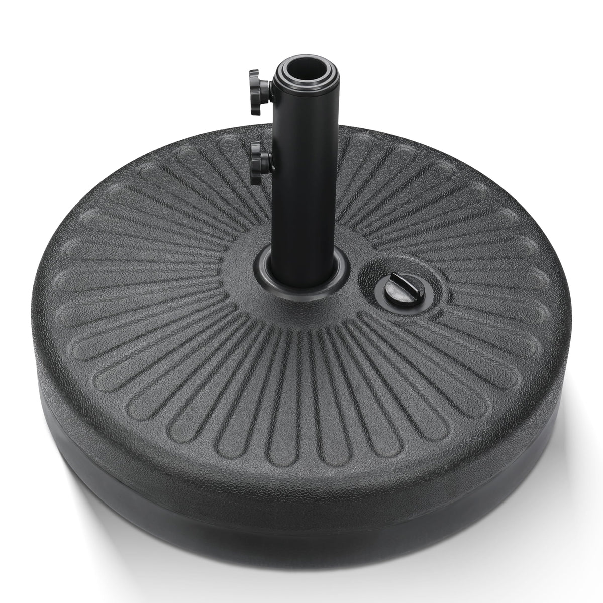 iPower umbrella base front view showing black fillable shell and knobs for stable shade