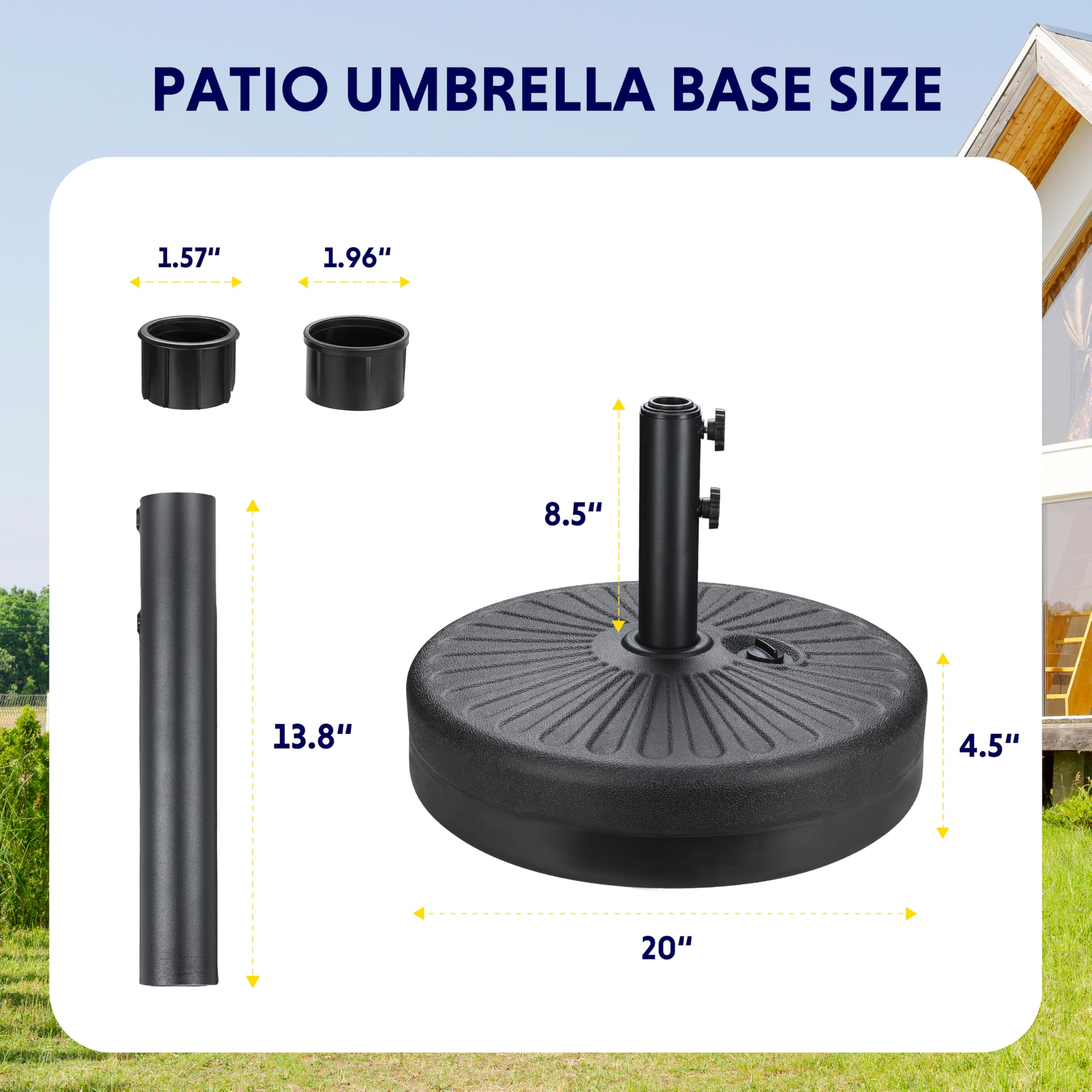 iPower umbrella base installed on a patio holding umbrella to provide shaded seating benefit