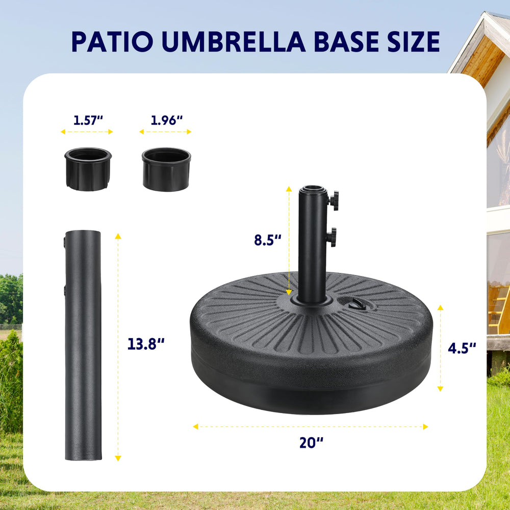iPower umbrella base installed on a patio holding umbrella to provide shaded seating benefit