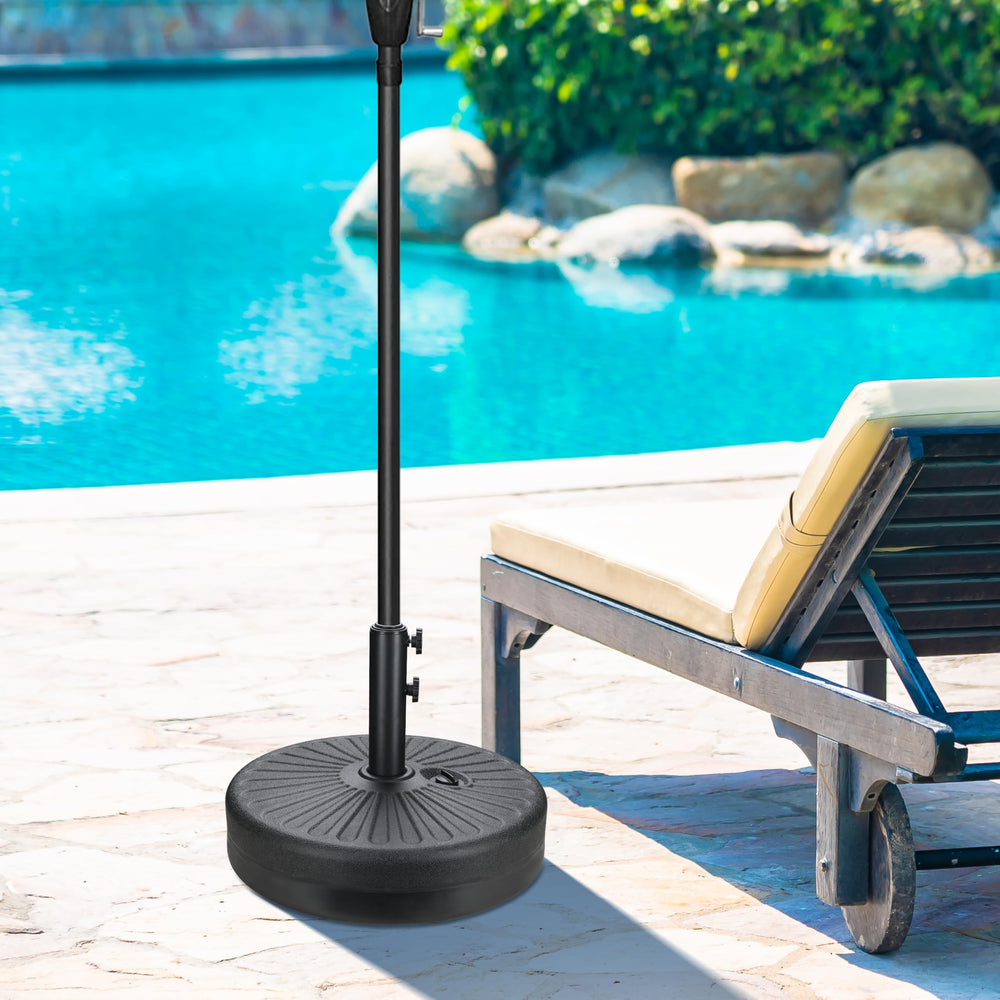 iPower umbrella base next to a measuring tape demonstrating size and easy transport benefit
