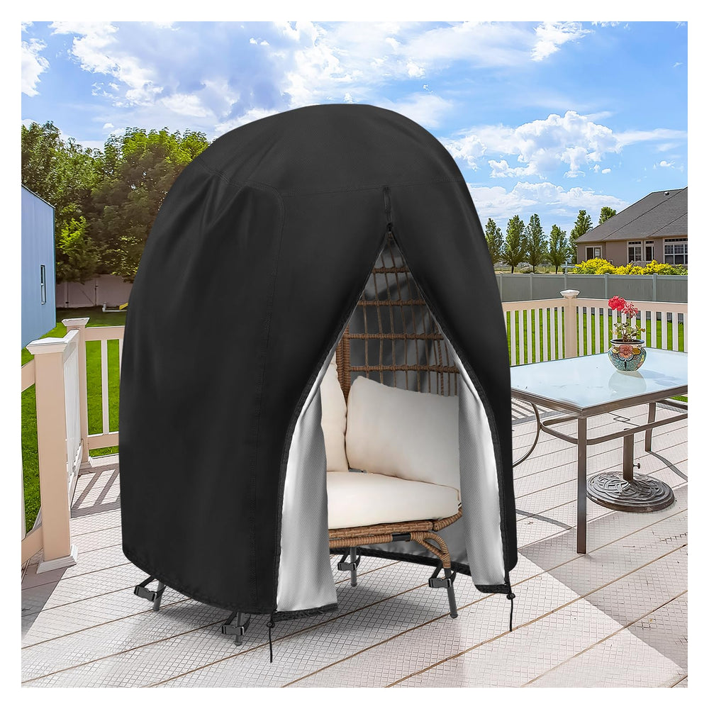 Iptienda front view of cover protecting egg chair and keeping it dry