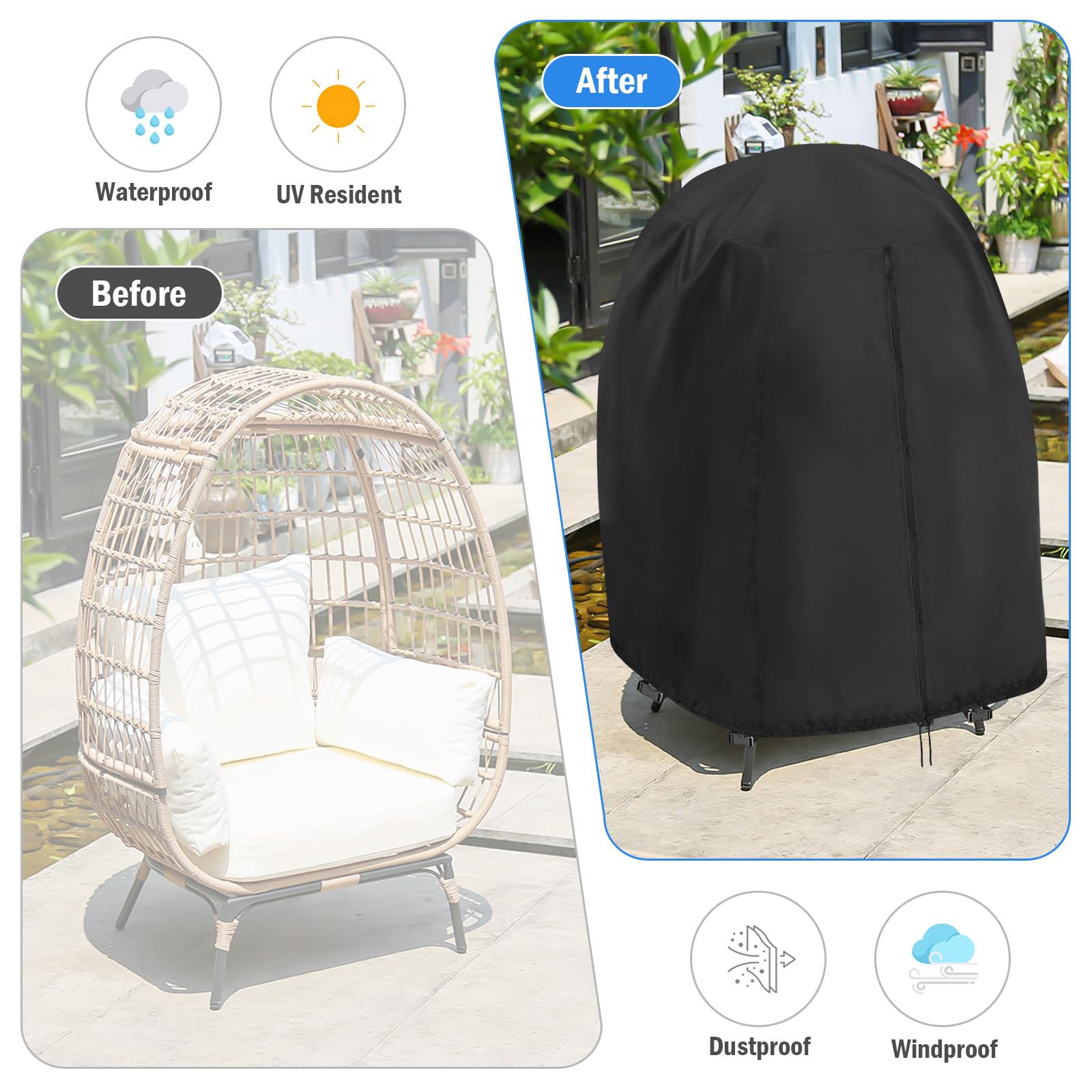 Iptienda covered egg chair on patio protecting furniture from weather