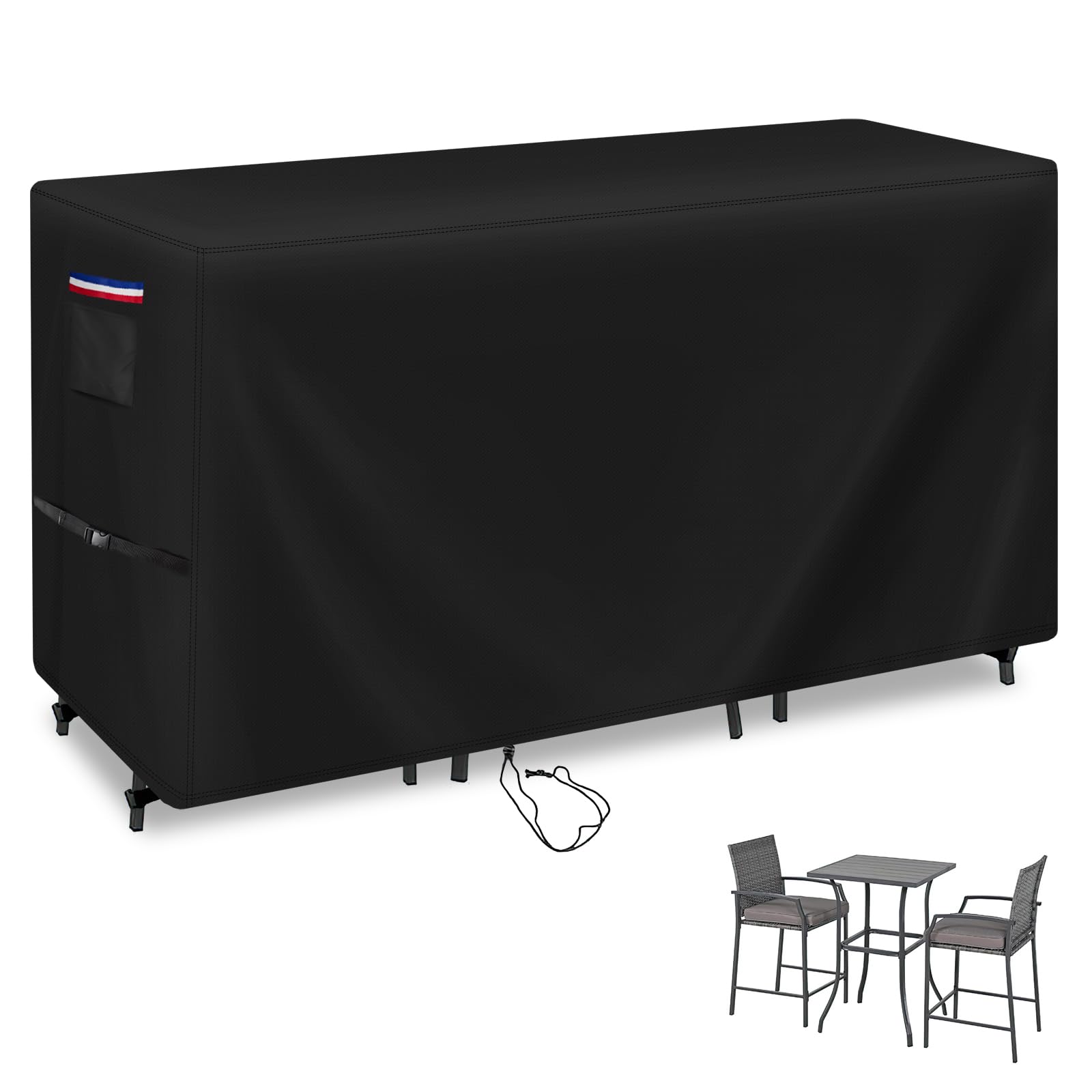 Iptienda front view of full cover protecting high-top patio set, keeps furniture clean