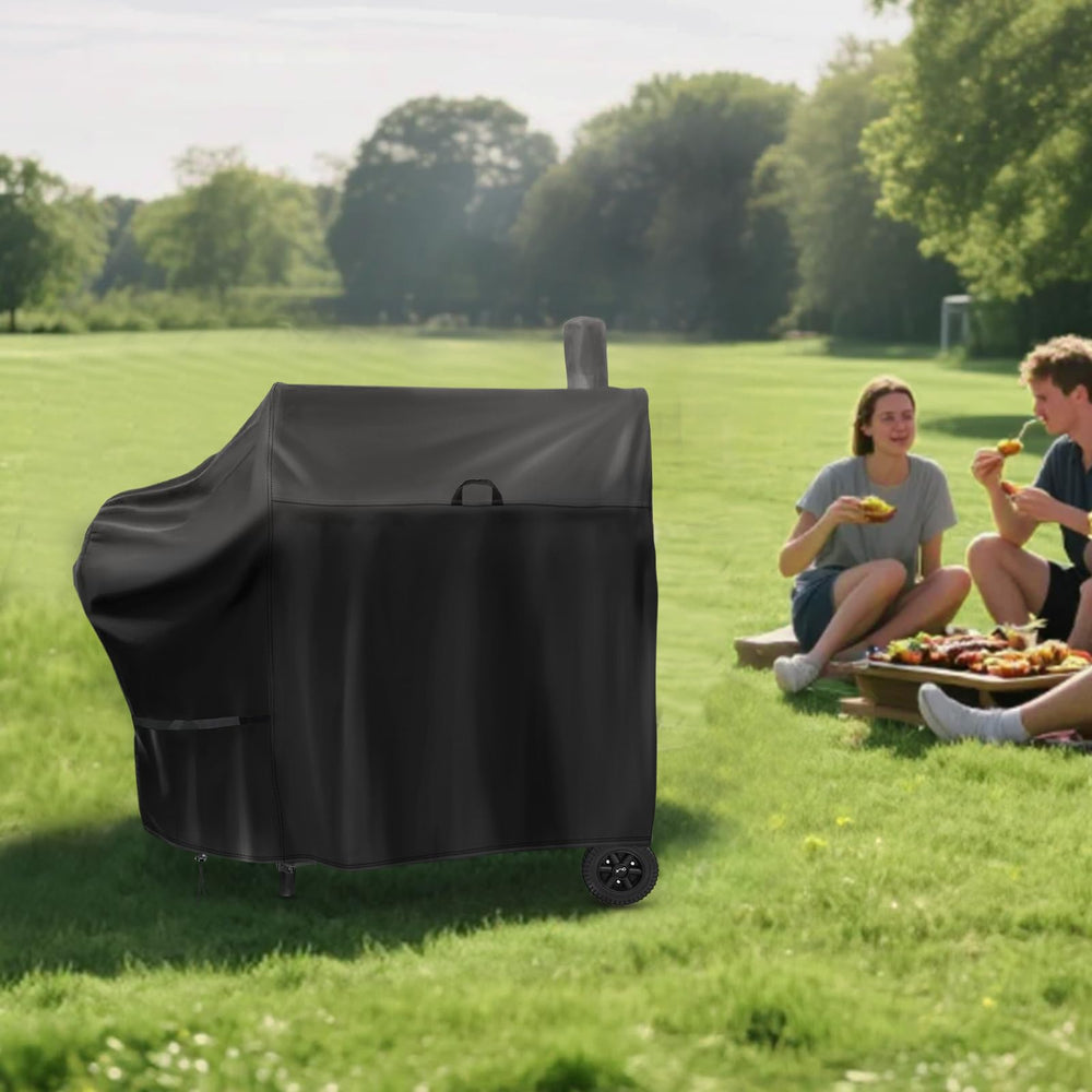 Iptienda backyard lifestyle shot showing protected smoker and reduced maintenance