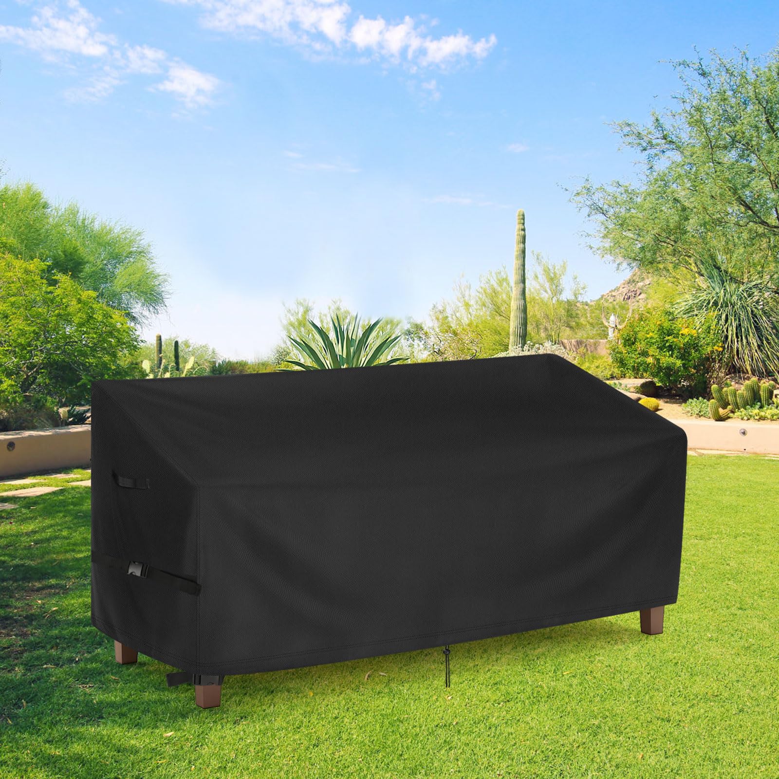 Iptienda cover in backyard setting keeps bench clean and ready