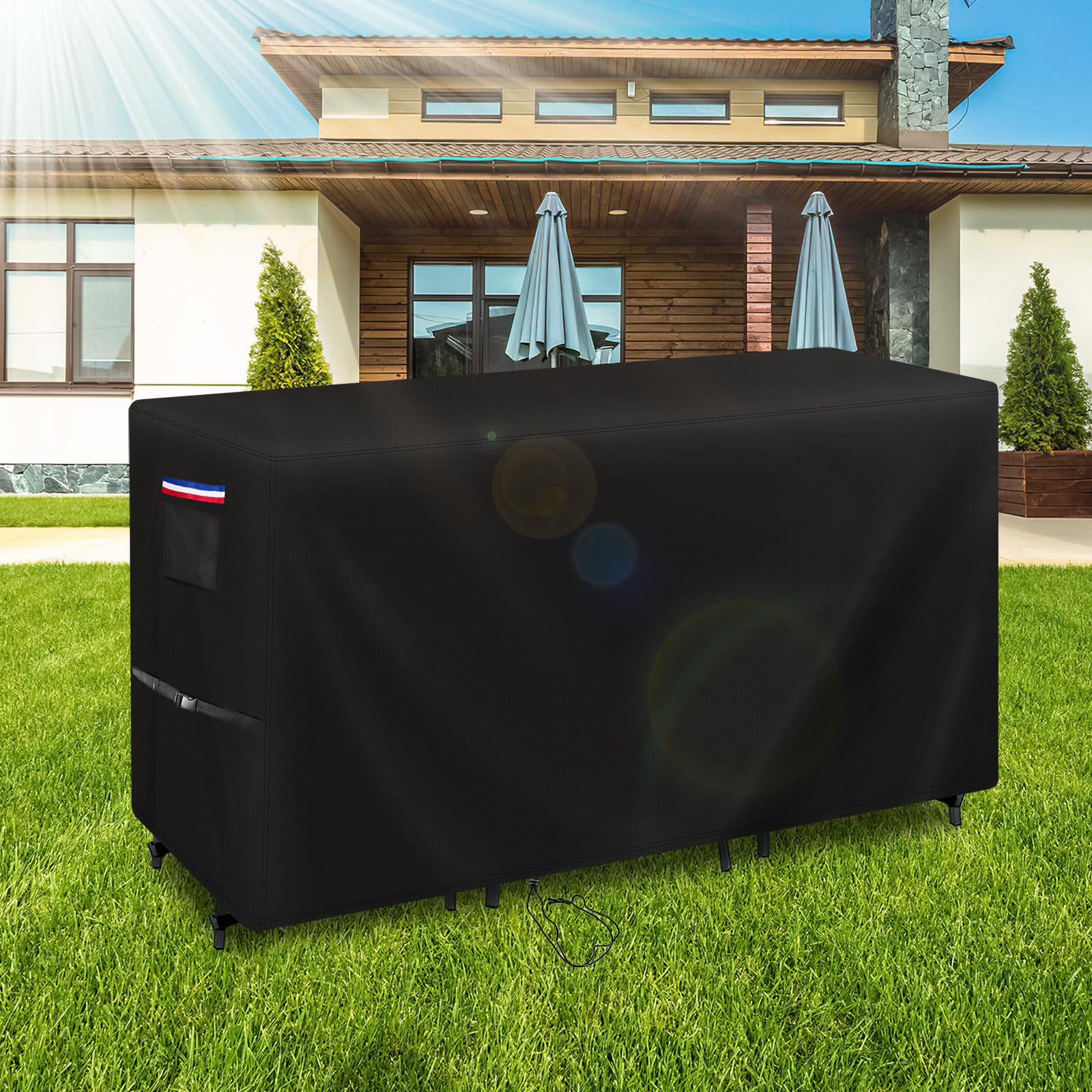 Iptienda cover on patio in lifestyle scene protecting furniture from elements