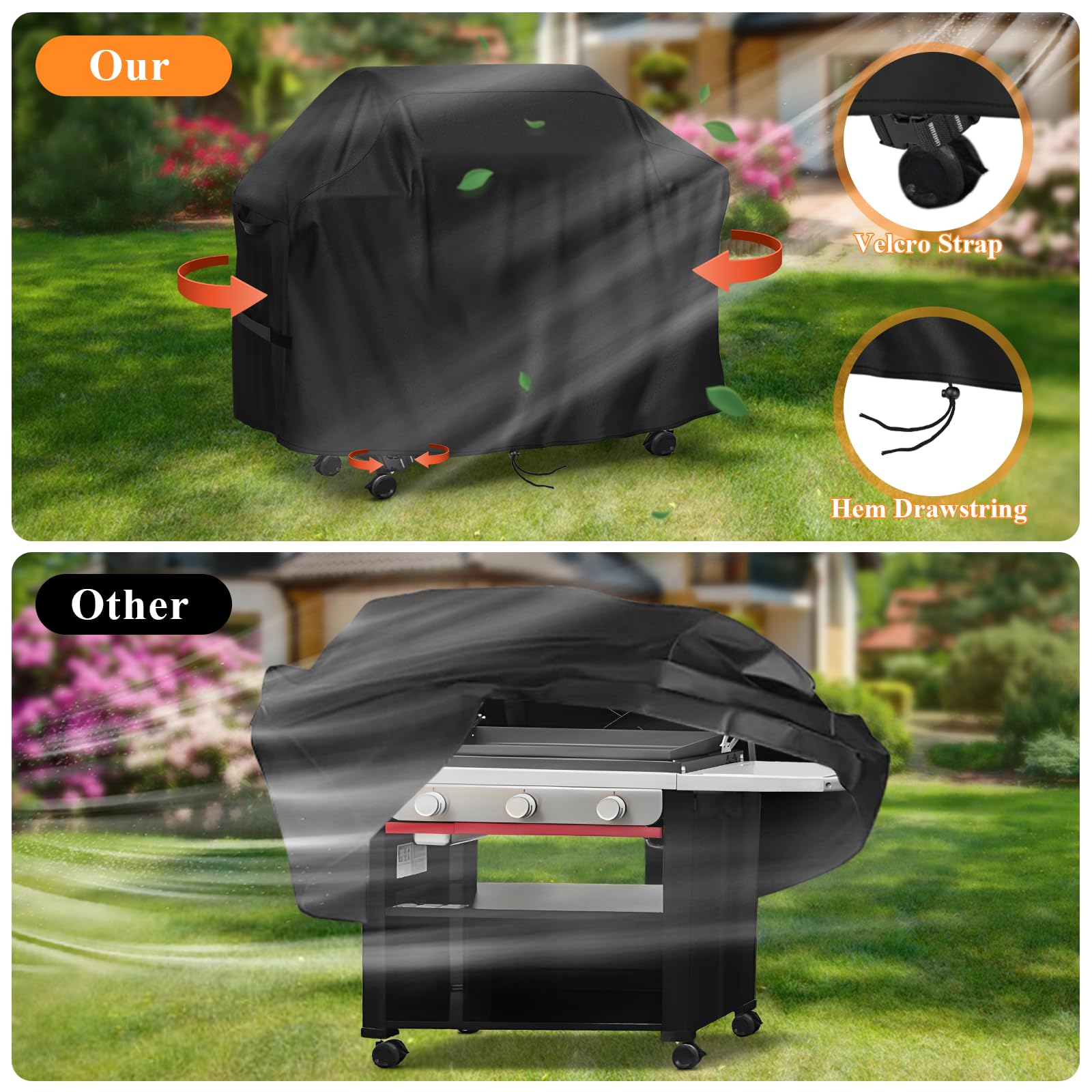Iptienda side view with buckle straps and drawstring securing cover from wind