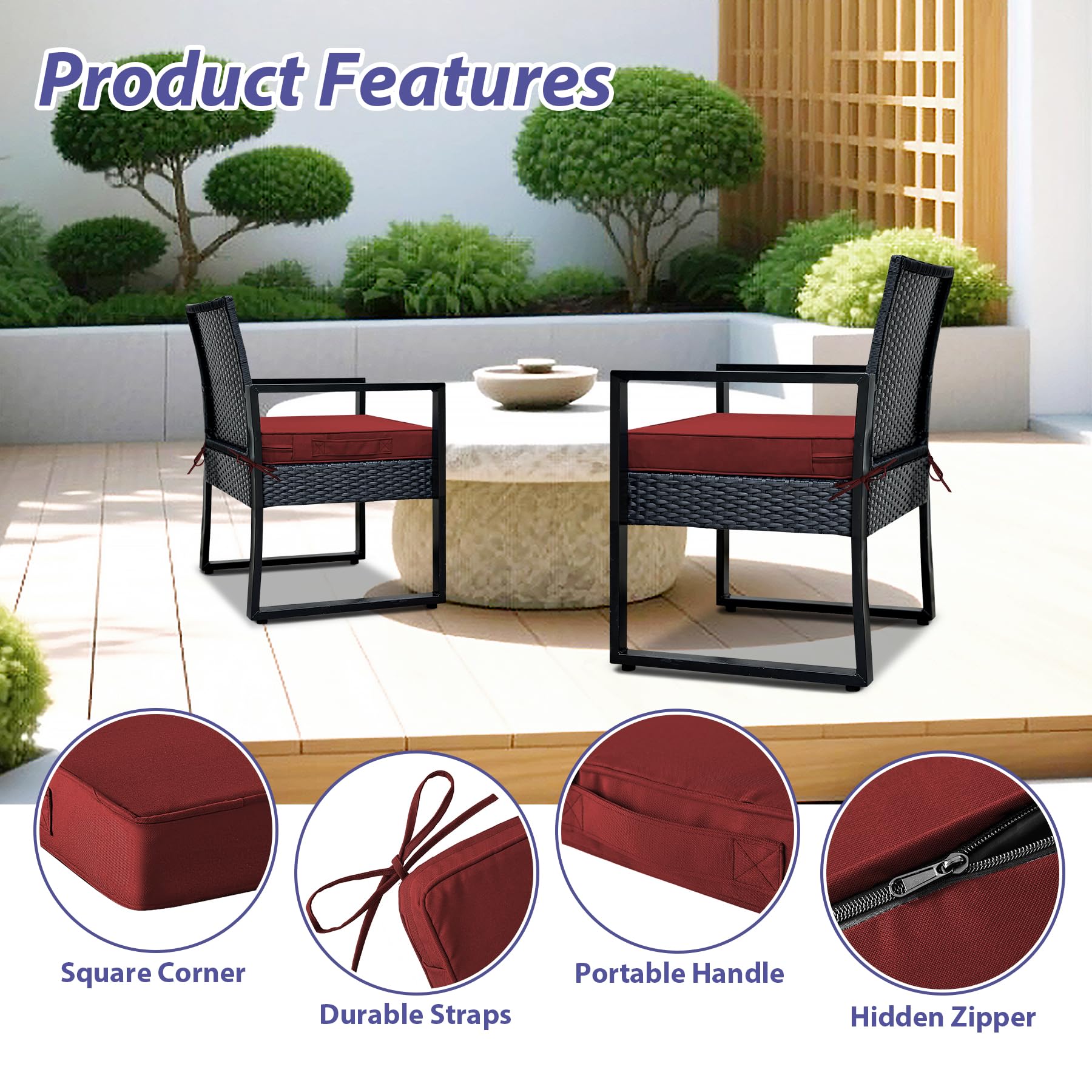 IPYNBAP burgundy cushion attached to patio chair offering stable, weather-ready seating
