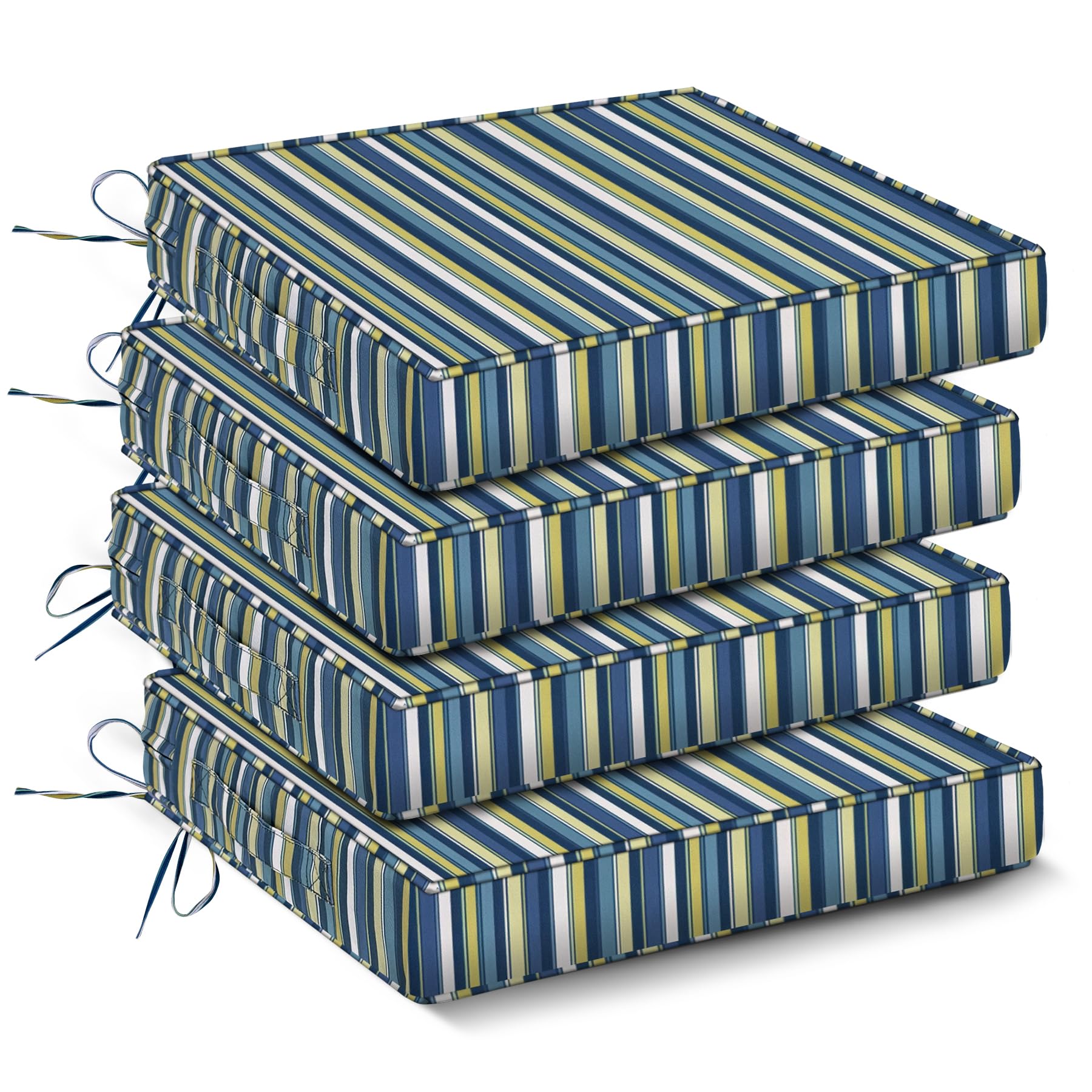 IPYNBAP front view of blue stripe cushion set shows coordinated style and weather resistance