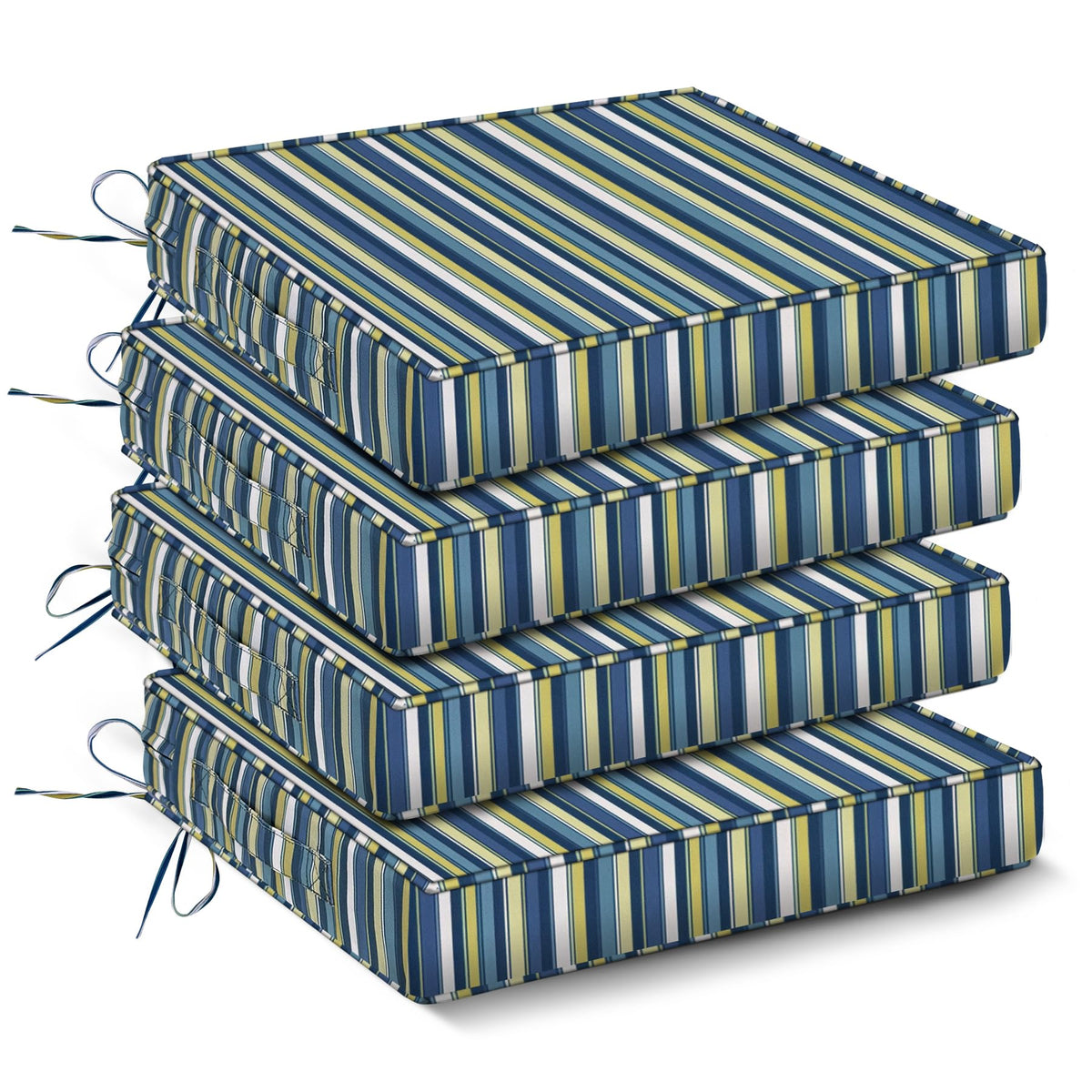 IPYNBAP front view of blue stripe cushion set shows coordinated style and weather resistance
