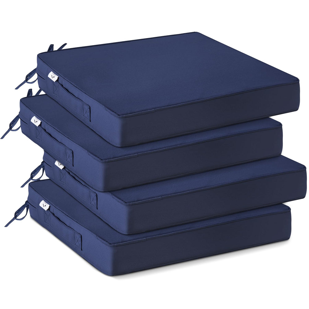 IPYNBAP front view of four navy cushions showing fit and neat finish for patio comfort