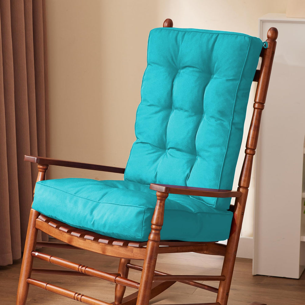 IPYNBAP front view of teal rocking chair cushion showing comfortable seating and weather-ready fabric