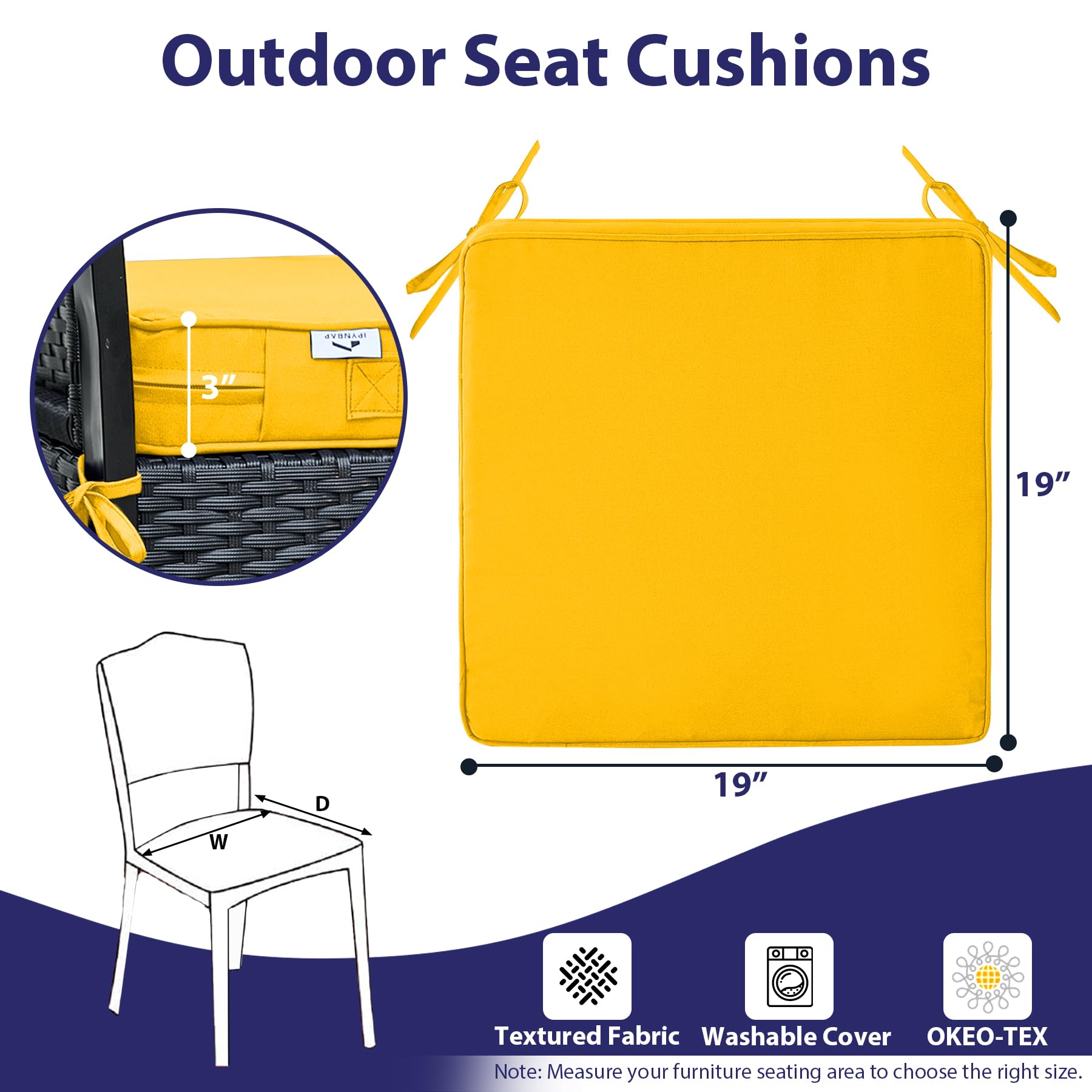 IPYNBAP cushion on dining chair demonstrating 19x19x3 size and proportion