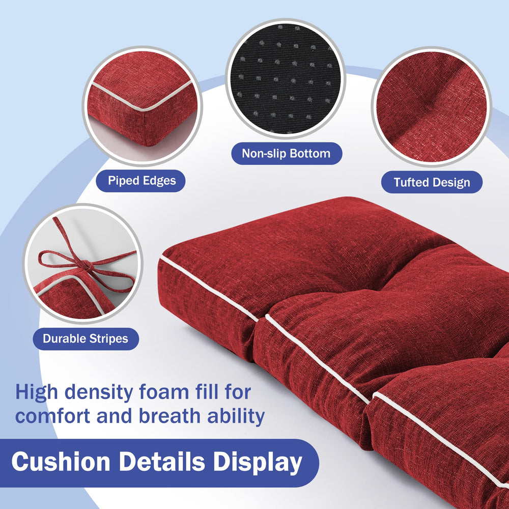 IPYNBAP cushion tied to porch bench showing secure fit and stability outdoors