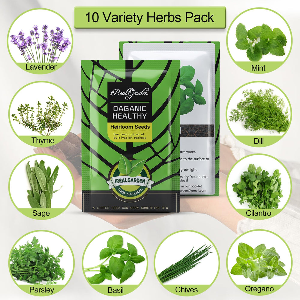 iRealgarden seed packets arranged to show ten non‑GMO varieties benefit
