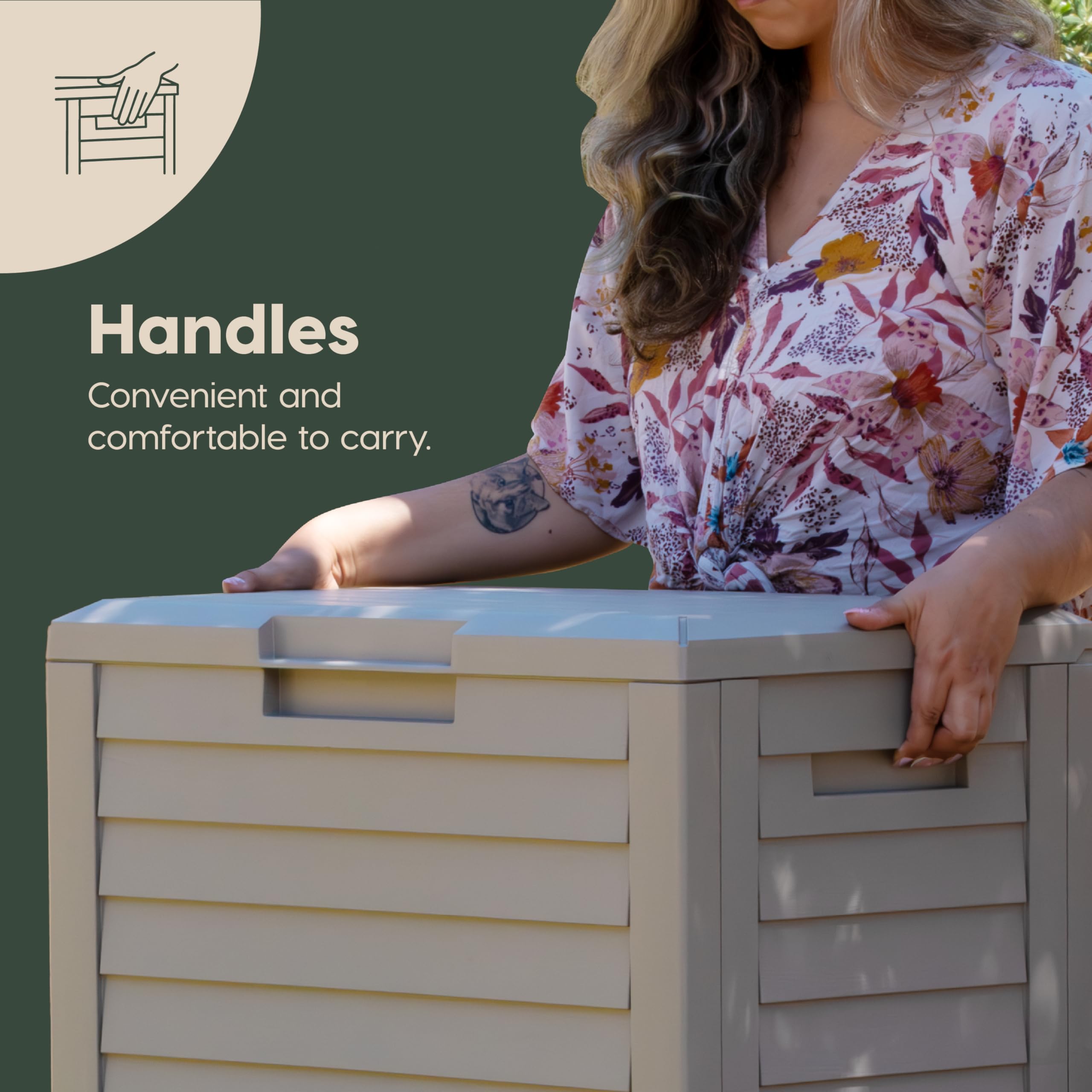IRIS USA deck box beside pool illustrating protected outdoor storage