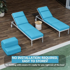 Iristykilin chaise cushion on poolside lounger demonstrating outdoor comfort and waterproof benefit