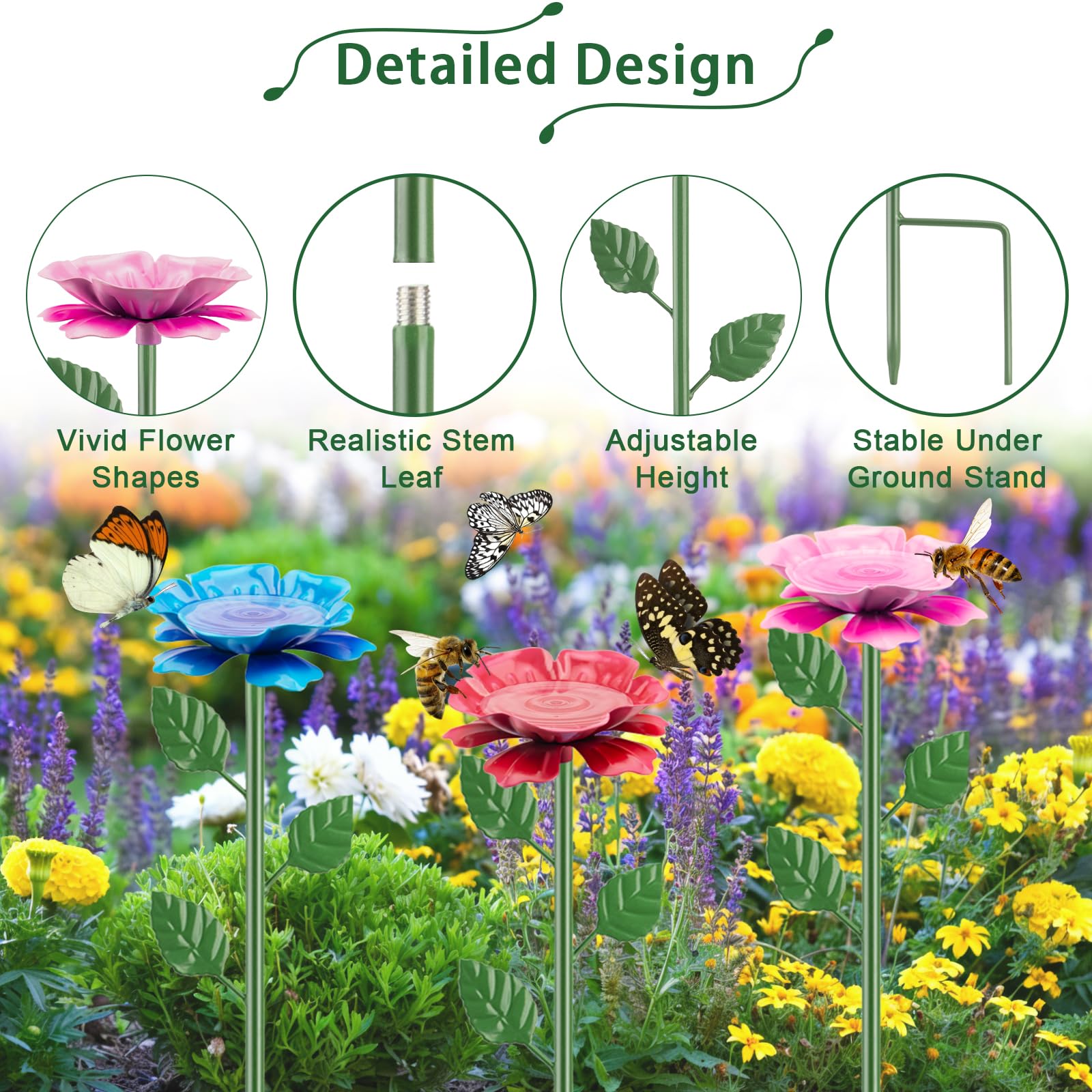 IRmm watering stations installed in garden beds attracting pollinators and adding color