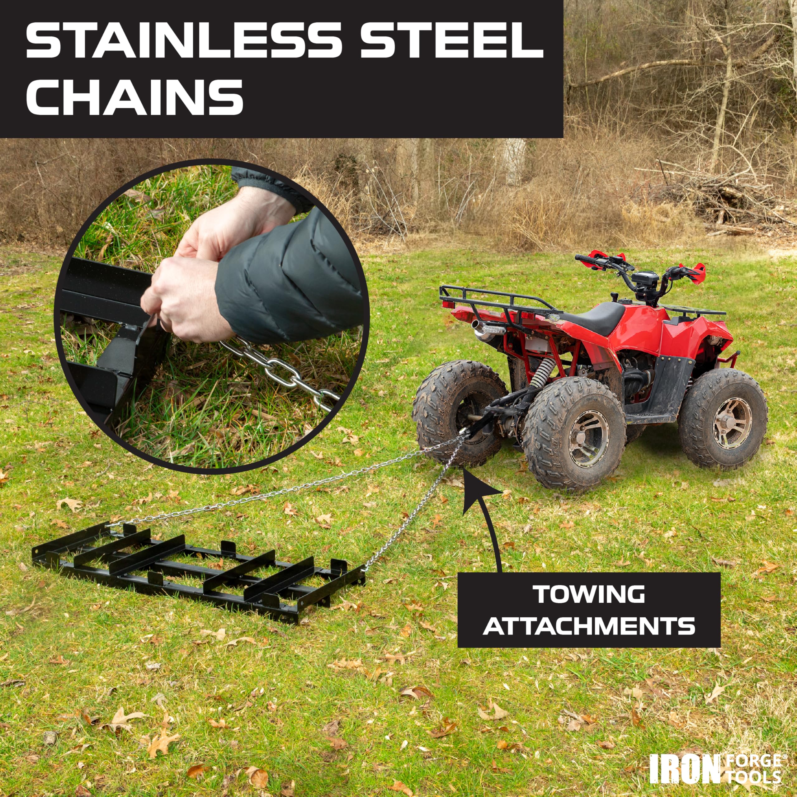 Iron Forge Tools harrow attached to a lawn tractor demonstrating easy hookup and operation