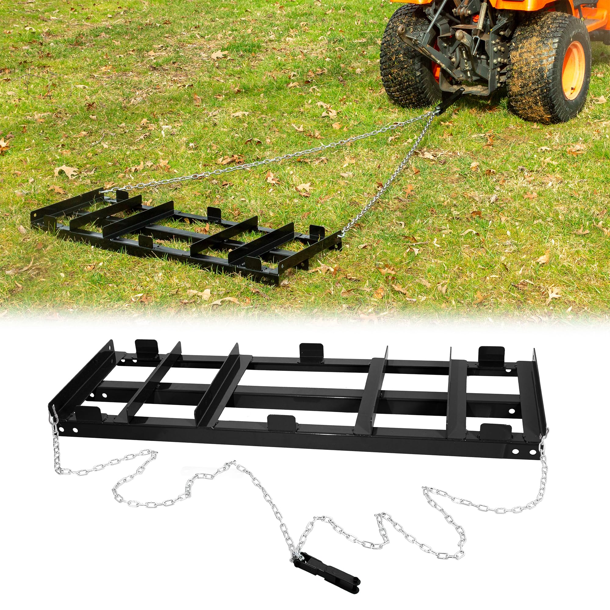 Iron Forge Tools front view of drag harrow showing robust frame and hitch, durable performance